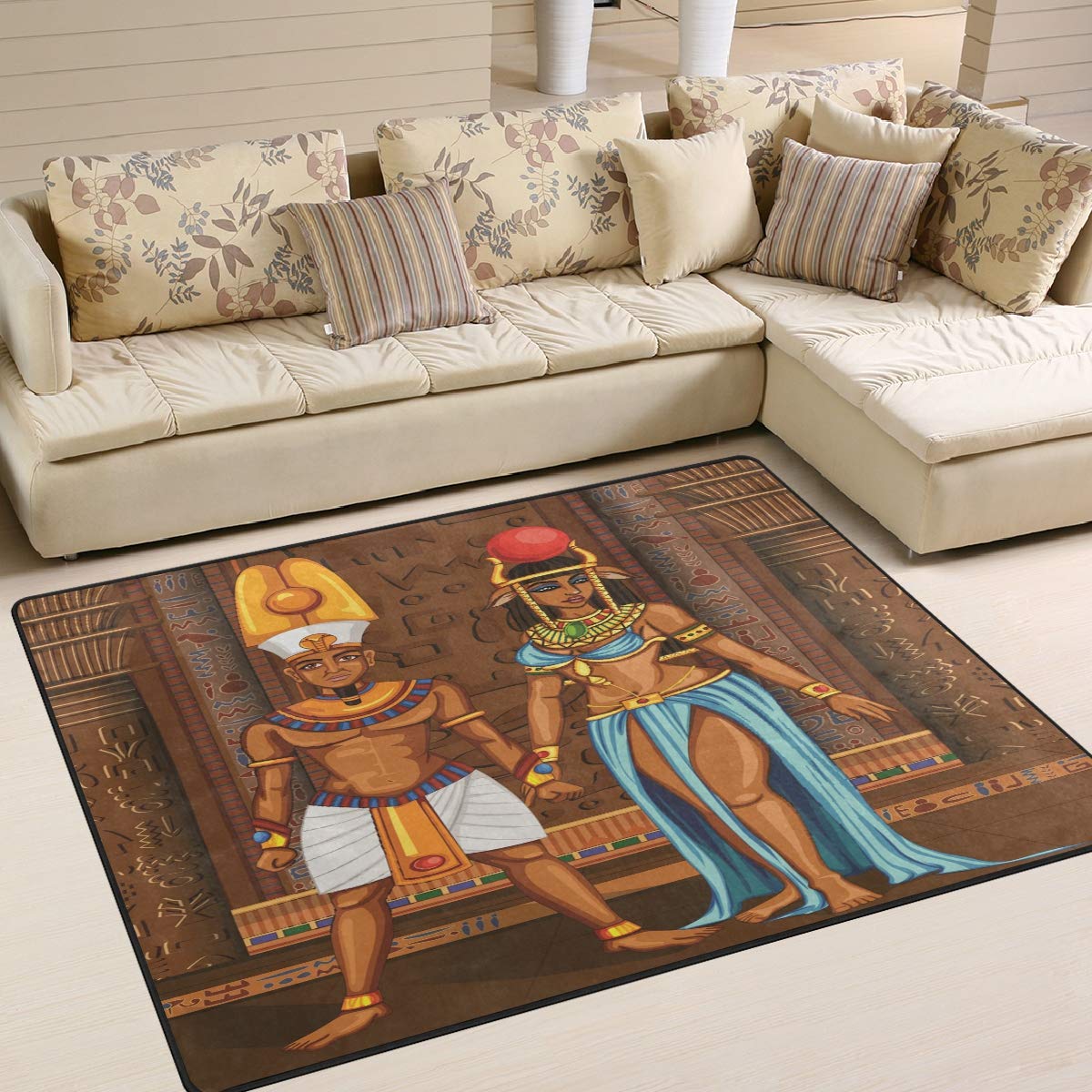 ALAZA Egyptian Culture Artwork Retro Area Rug - 7' x 5' Handmade Vintage Oriental Carpet for Living Room, Bedroom, Dining Room - Boho Home Decor & Floor Covering for Cozy Interior Design