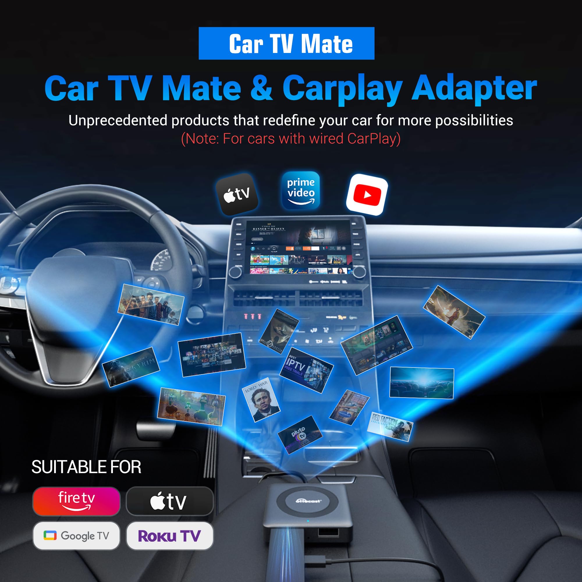 OTTOCAST Car TV Mate Pro Wireless CarPlay Adapter for Apple iPhone - Fire TV Stick Converter for Cars - Watch YouTube, Netflix, Prime Video on Car Screen - Plug & Play - Fast & Stable Streaming - Perfect for Road Trips & Commuting