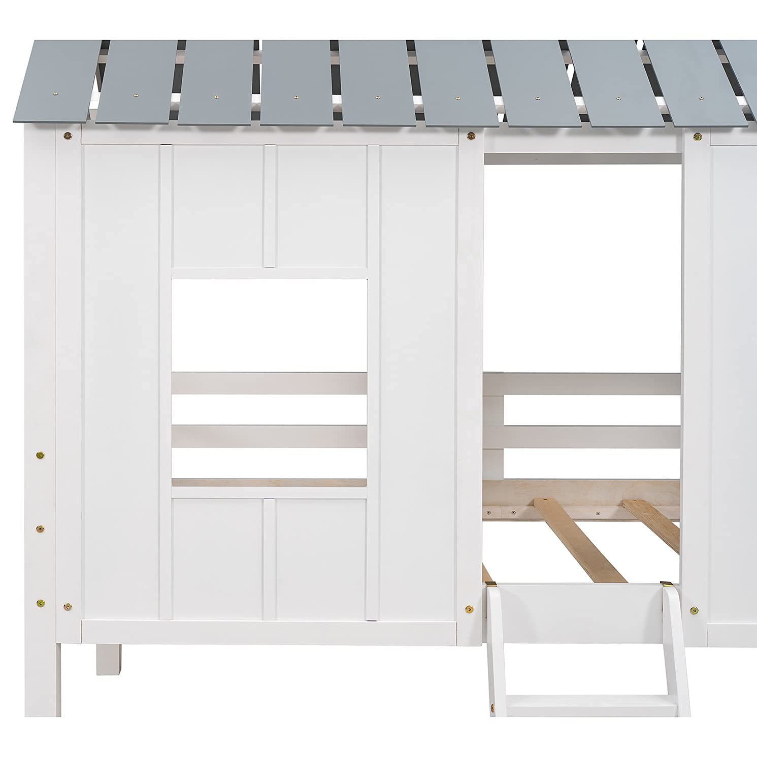 Harper & Bright Designs Twin Size Low Loft House Bed with Windows & Safety Ladder - Solid Wood Kids Bedroom Furniture for Boys Girls Teens (White & Gray) | Perfect for Small Spaces, Playrooms & Sleepovers