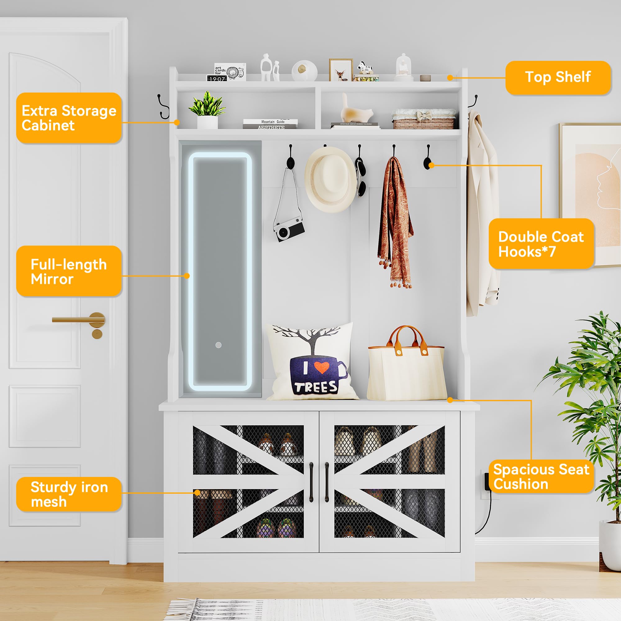 Farmhouse Entryway Hall Tree with 3-Mode Lighting Mirror, Coat Rack & Shoe Storage - Freestanding Entry Bench with Shelf for Hallway, Living Room & Mudroom Organization (White)