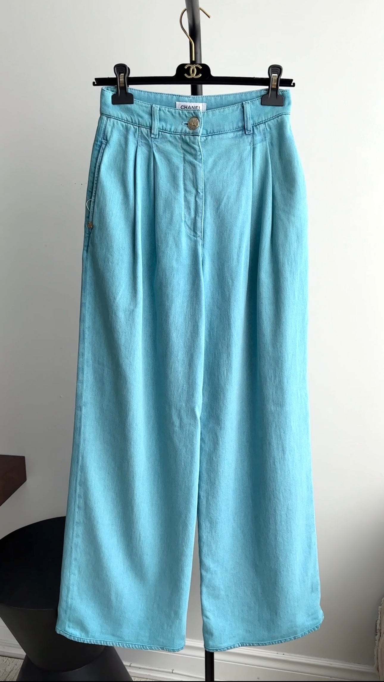 Chanel 21S Turquoise Blue Denim Wide Leg Jeans Size 36 | High Waist Distressed Denim Pants | Casual Chic Outfit for Women | Perfect for Streetwear, Date Night & Fashion Events