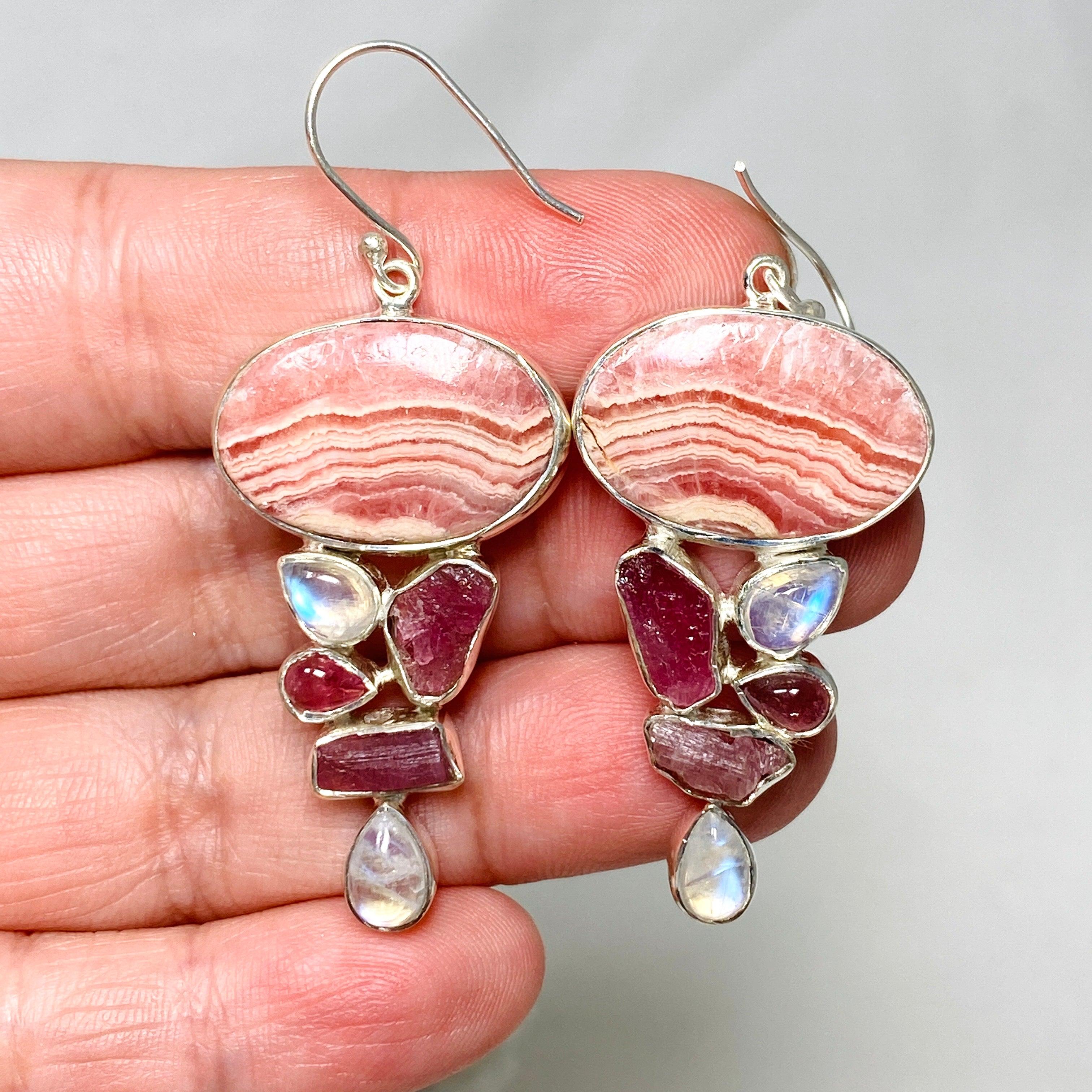 Rhodochrosite Moonstone Pink Tourmaline Multistone Dangle Earrings KEGJ1464 - Elegant Gemstone Jewelry for Women, Perfect for Weddings & Special Occasions