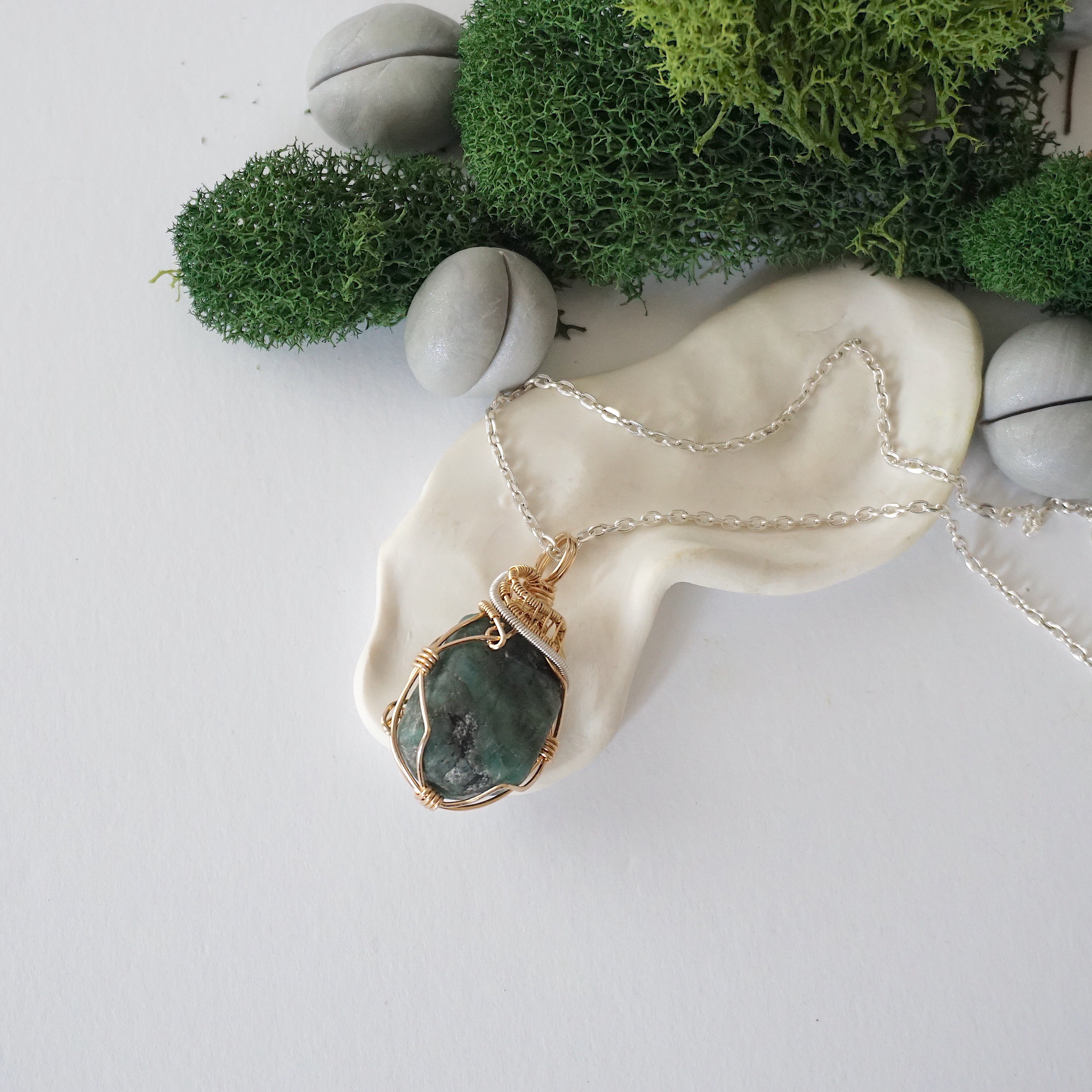14K Gold Filled & Sterling Silver Raw Emerald Crystal Necklace - Natural Healing Gemstone Jewelry for Women, Perfect for Meditation, Yoga & Spiritual Gifts