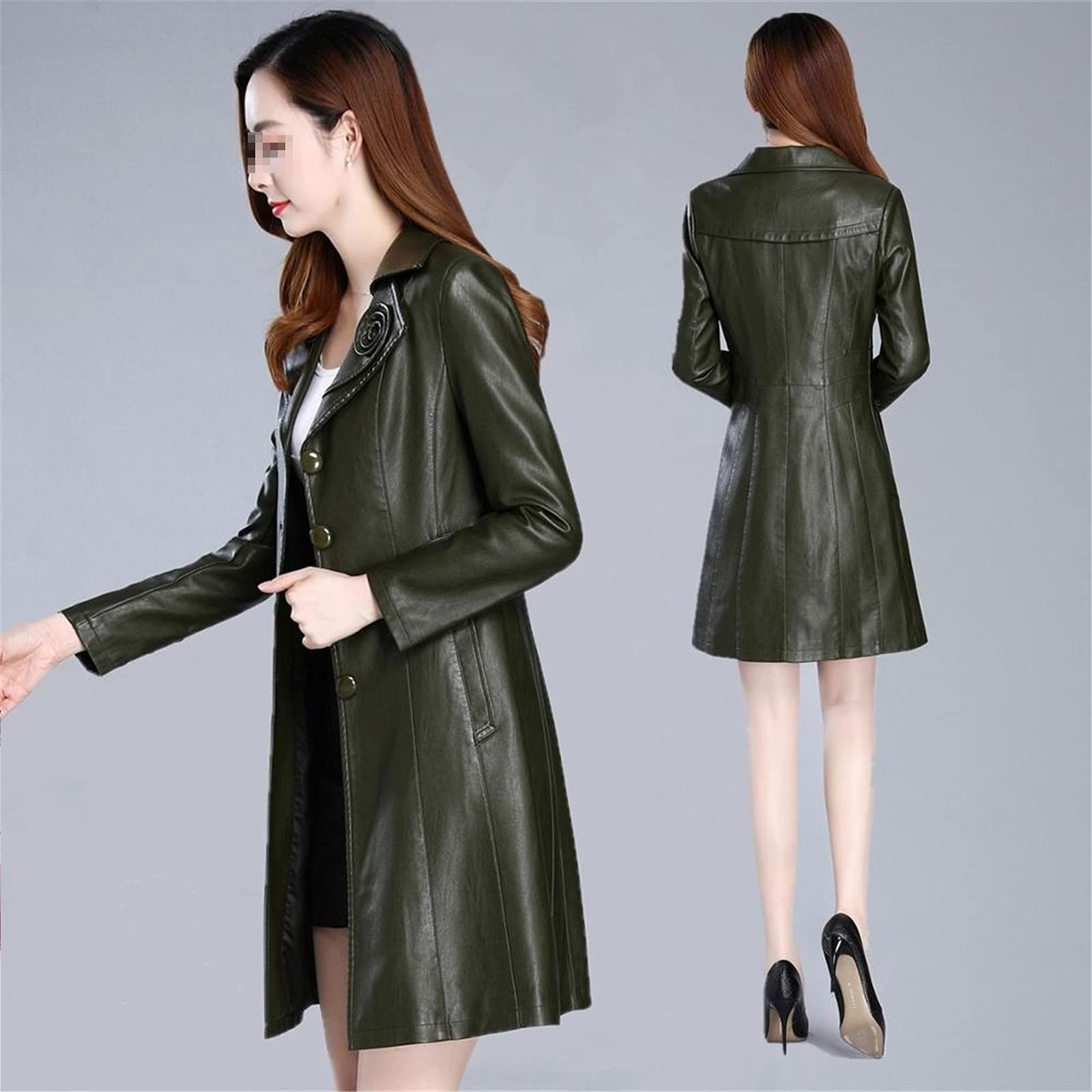 Women's Spring Leather Jacket - Slim Fit Long Coat, Large Size 4XL, Fashionable Motorcycle Outerwear for Casual & Leisure Wear - Black (Perfect for Riding, Daily Outfits & Stylish Occasions)