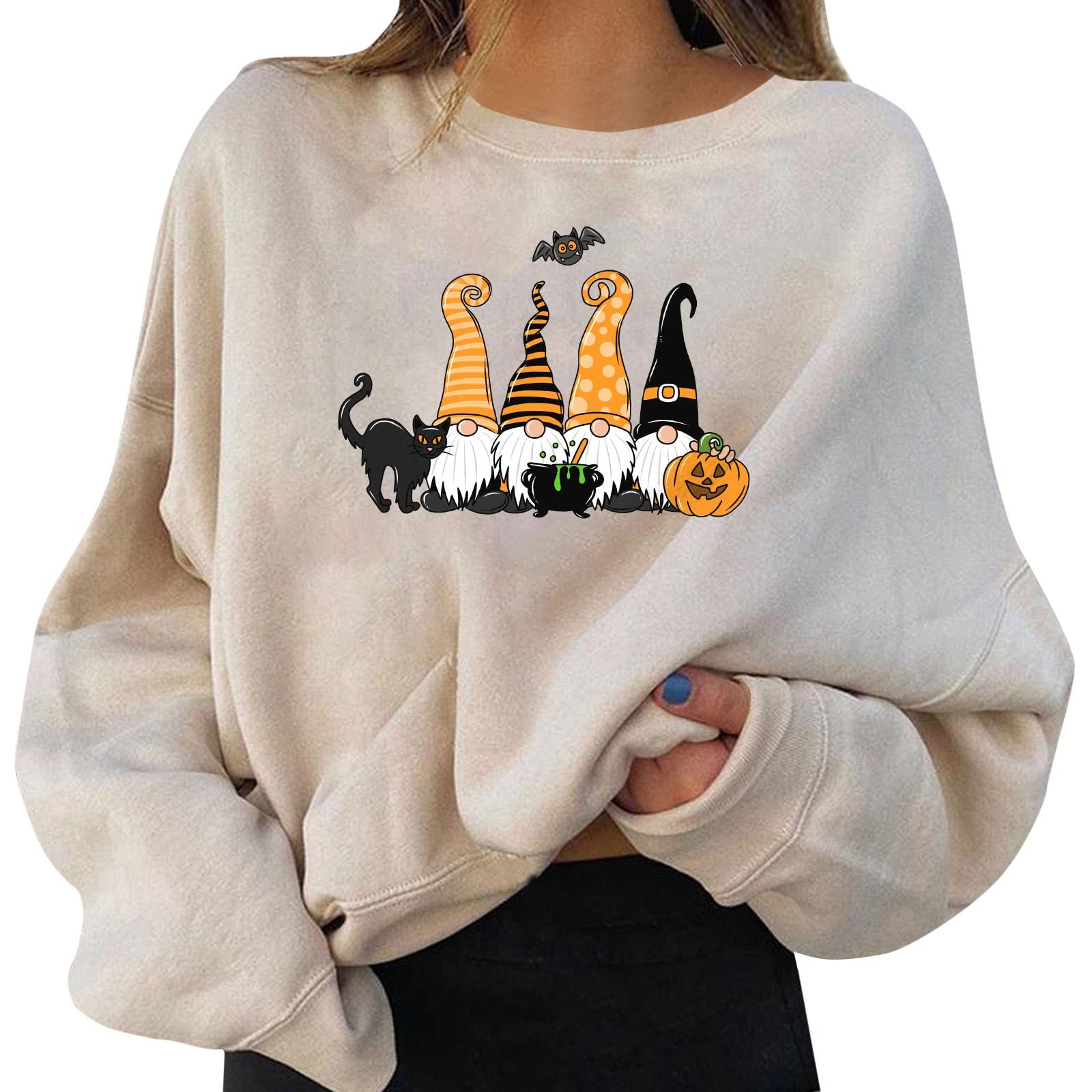 ZLBDYG Women's Halloween Pullover Sweatshirt - Fun Graphic Print Round Neck Long Sleeve Top | Cute Costume Party Outfit for Halloween, Cosplay & Fall Festivals
