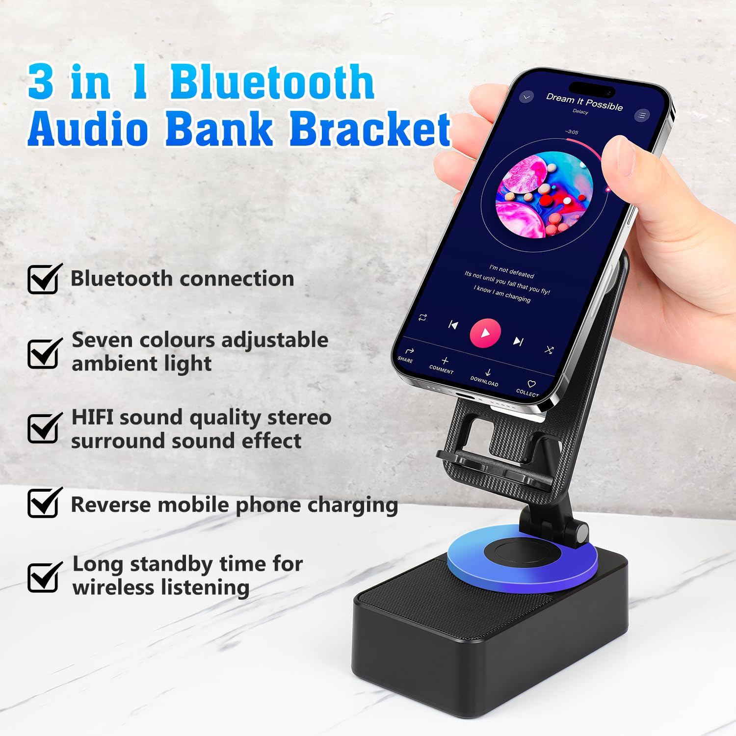 5-in-1 Wireless Bluetooth Speaker with Induction Charging | 360° Rotating Foldable Phone Holder | Built-in Power Bank & Colorful Ambient Lights | Anti-Slip Base (Grey) - Perfect for Home, Office, Outdoor Parties & Emergency Charging