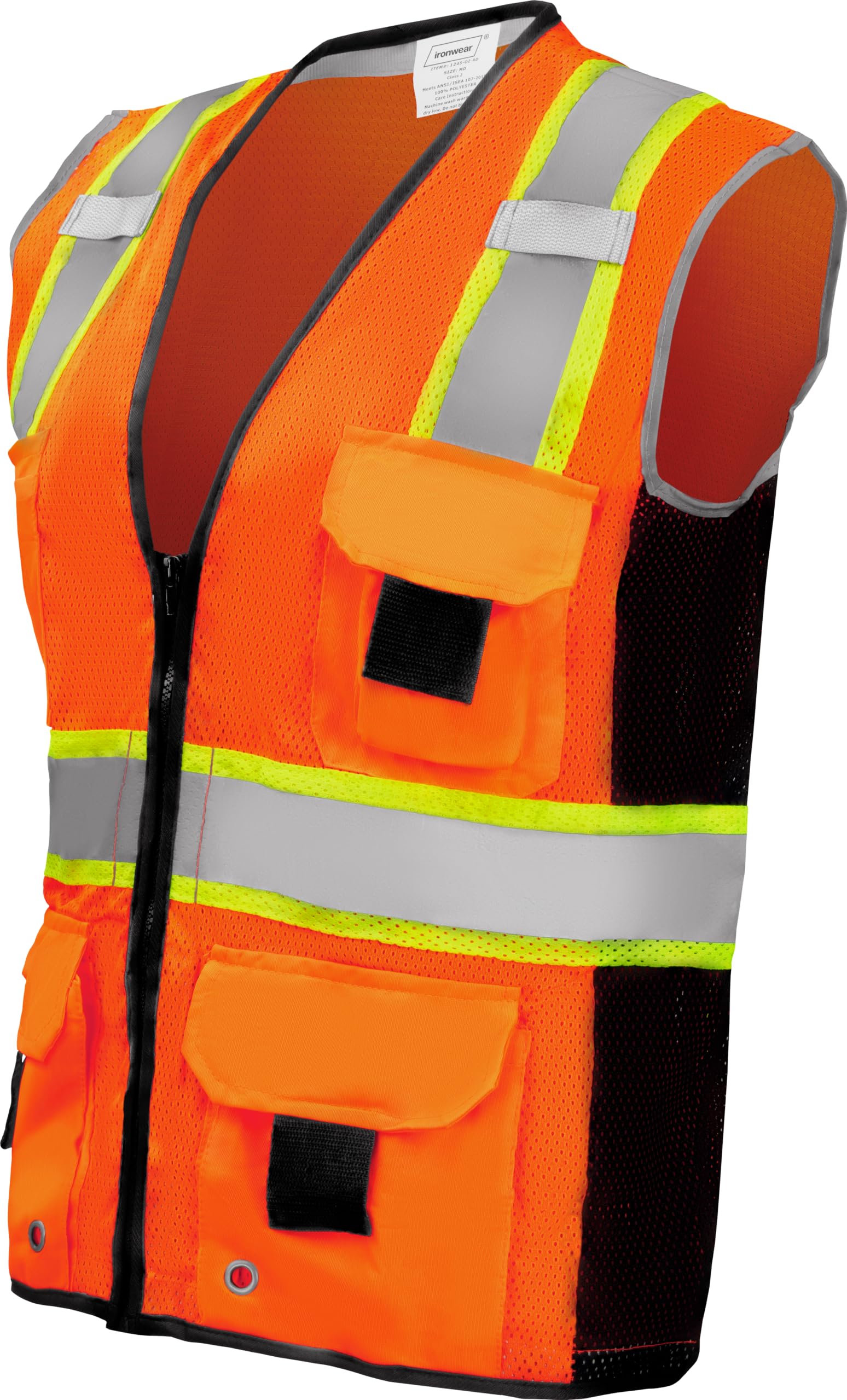 Ironwear 1245 Class 2 Safety Vest with Zipper, Radio Tabs & Pocket Grommets - High Visibility Reflective Work Vest for Construction, Road Workers & Outdoor Safety