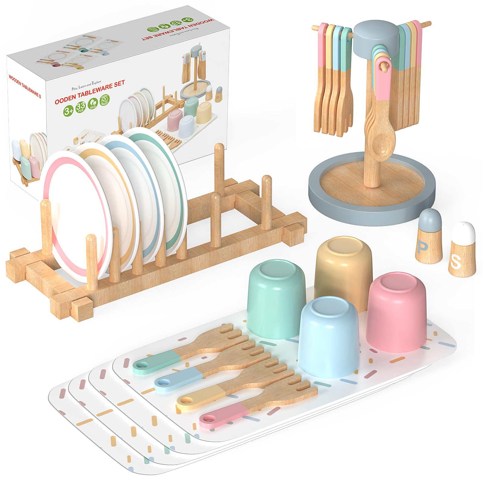 IIFONII 33PCS Wooden Kitchen Playset for Kids - Montessori Pretend Play Toy Dishes & Accessories for Toddlers 1-6 Years, Perfect for Home, Preschool & Daycare Pretend Cooking Fun