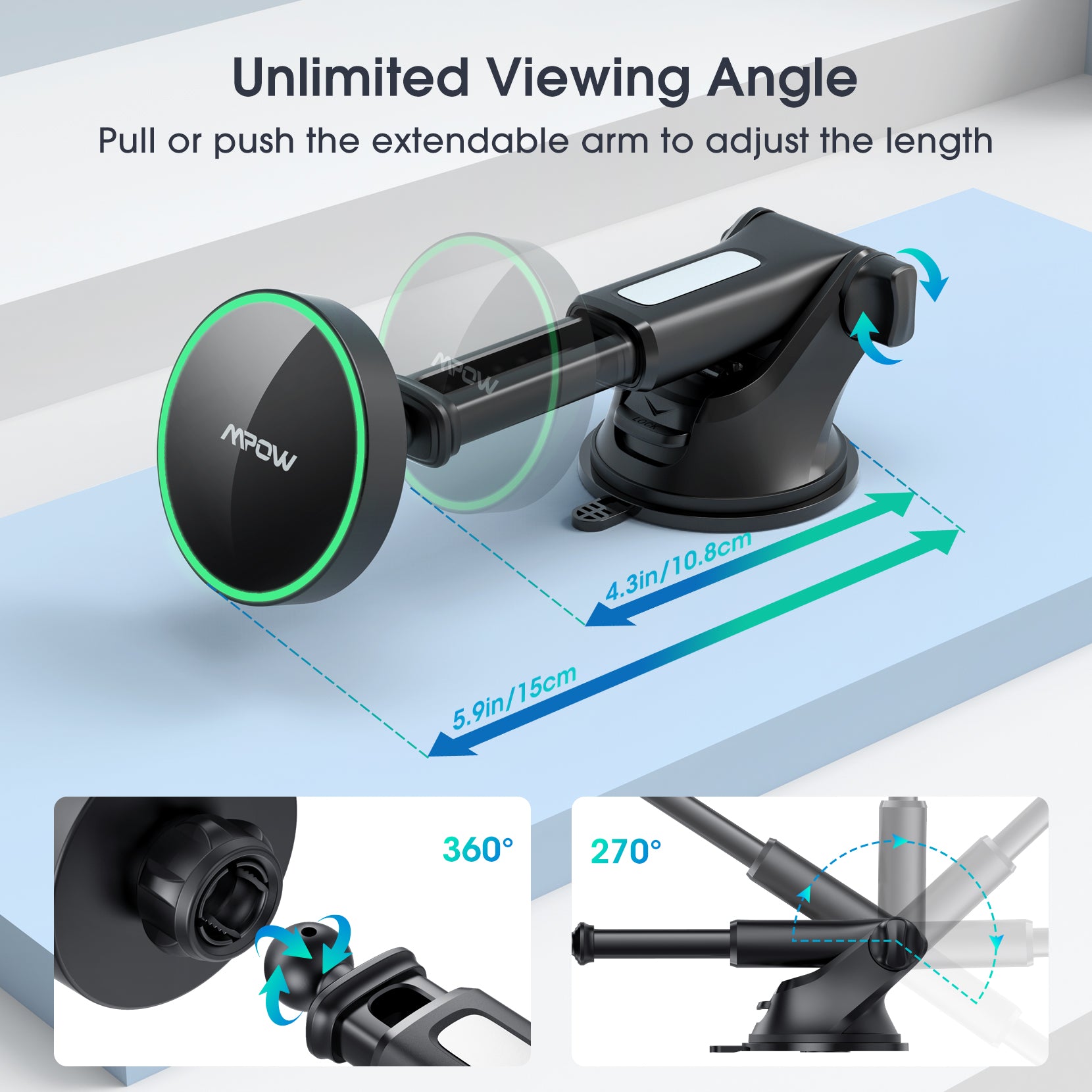Mpow CA169A Magnetic Wireless Car Charger - Fast Charging for iPhone 12/13/14 Series, Samsung Galaxy S22/S23, Qi-Compatible Phone Mount with Strong Magnet - Perfect for Road Trips & Daily Commuting