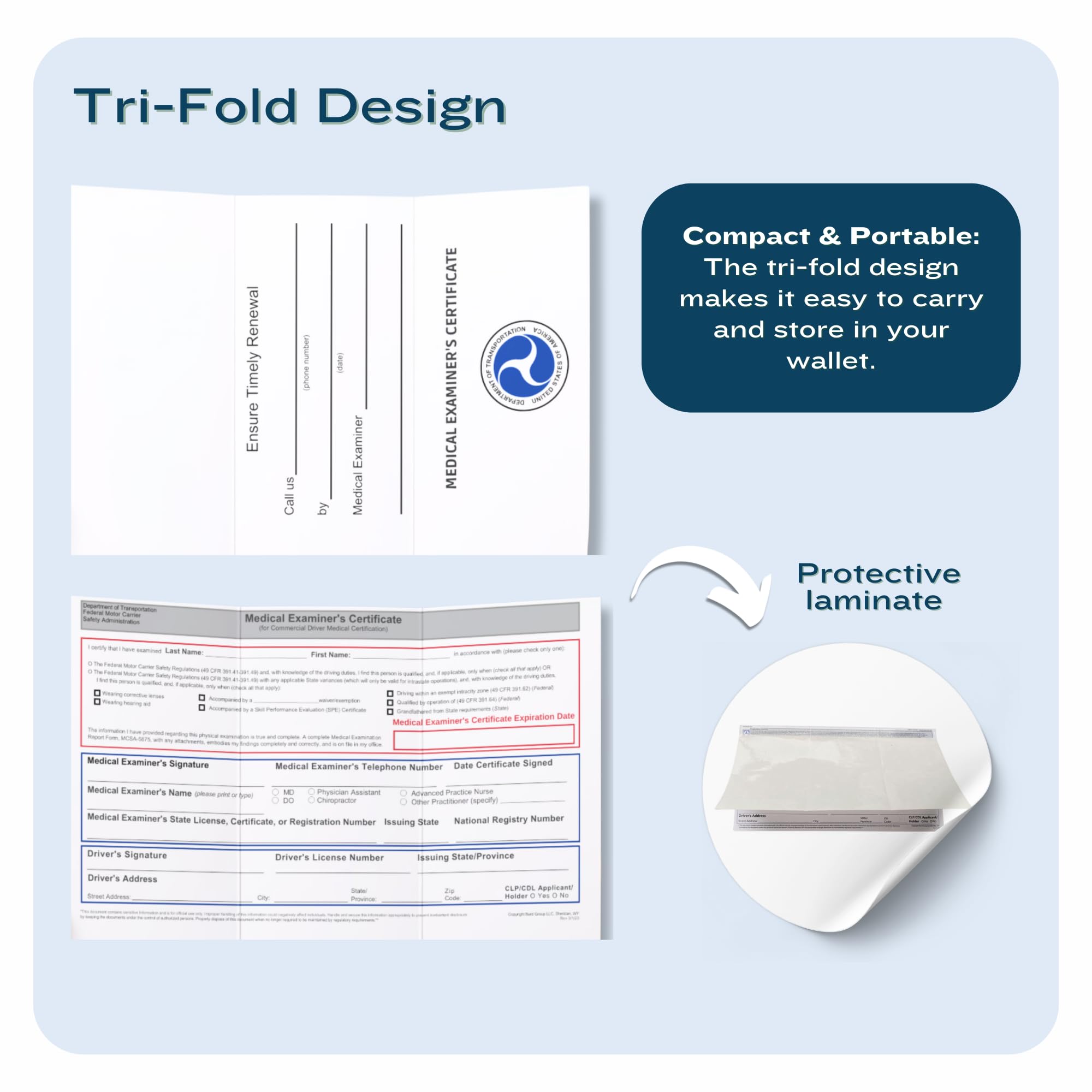 DOT FMCSA Medical Examiner Certificate Laminated Cards - 20/40/60/100 Pack (MCSA-5876) | Commercial Driver Medical Wallet Cards | Perfect for Truckers, Bus Drivers & CDL Holders