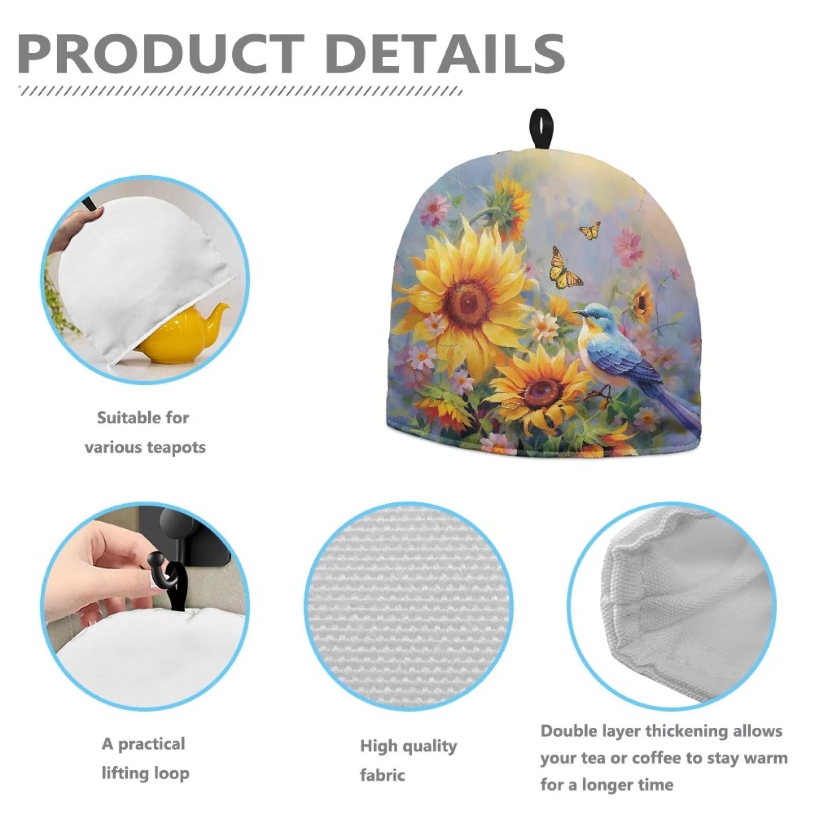 Hummingbird Tea Cozy for Teapot - Sunflower Design Insulated Tea Pot Cover for Keeping Warm - Perfect for English Tea Time, Afternoon Tea, and Cozy Home Decor