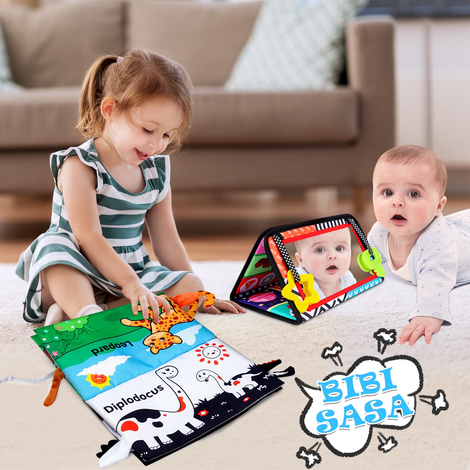 Montessori Baby Mirror Toy for Tummy Time - High Contrast Sensory Toy with Crinkle Book & Teether for Brain Development - Newborn Infant Toys 0-12 Months - Perfect Baby Shower Gift for Boys & Girls - Great for Playtime, Learning & Early Childhood Development