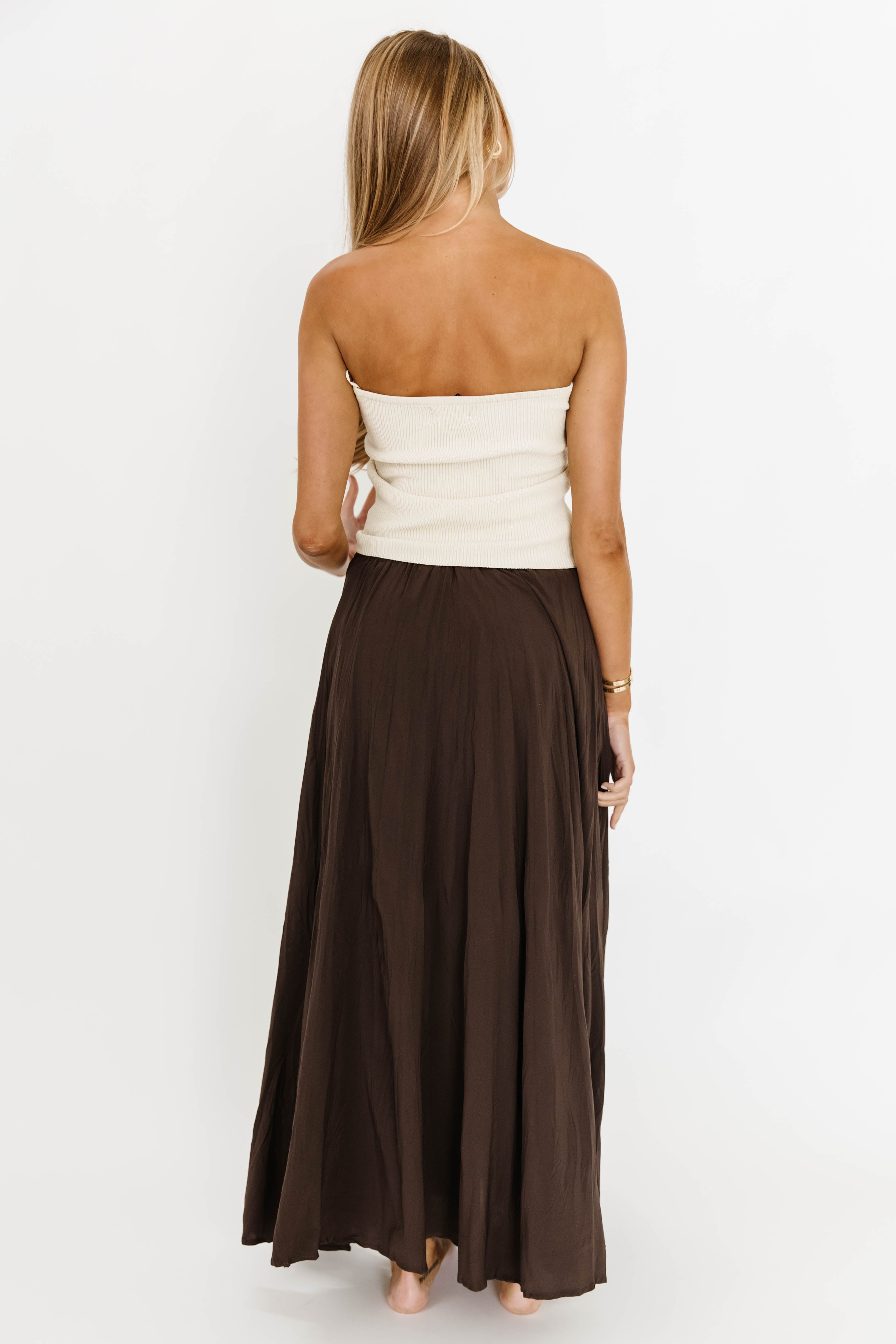Apolline Crinkle Maxi Skirt in Dark Brown - Flowy Boho Long Skirt for Women | Perfect for Beach, Vacation & Summer Outfits
