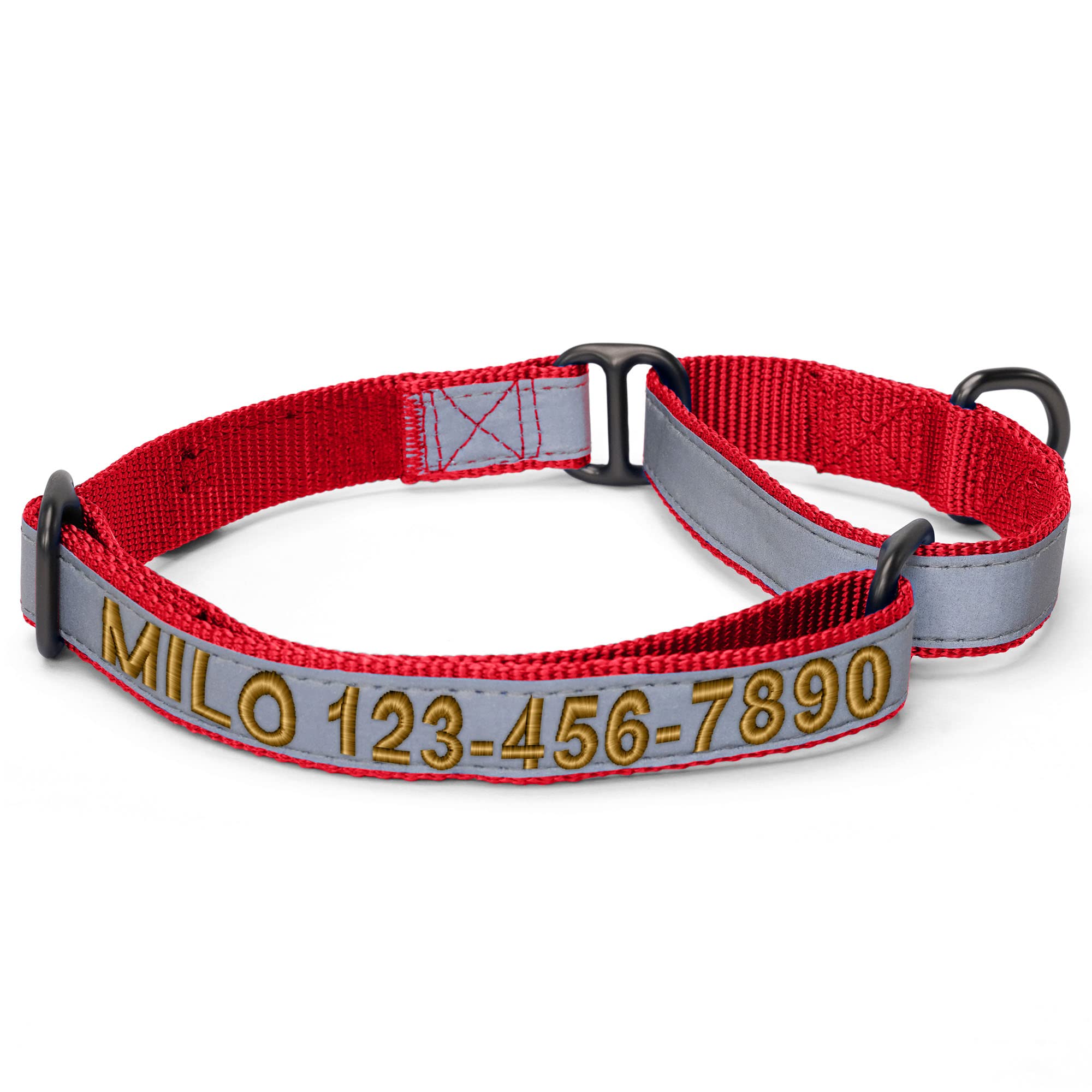 Custom Embroidered Martingale Dog Collar with Reflective Stitching - Personalized Name & Phone Number - Adjustable for Puppies & Small/Medium/Large Dogs (Medium, Red) - Perfect for Night Walks, Training & Pet Safety