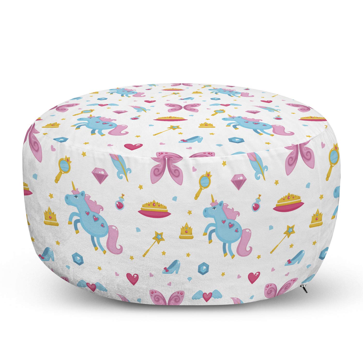 Ambesonne Crown Ottoman Pouf with Unicorn Magic Wand, Stars, Hearts & Shoes Design - Soft Foot Rest Stool with Removable Cover for Living Room & Bedroom - Blue, Pink & Earth Yellow Decorative Accent - Perfect for Relaxing, Reading or Adding Boho Chic Style to Your Home Decor