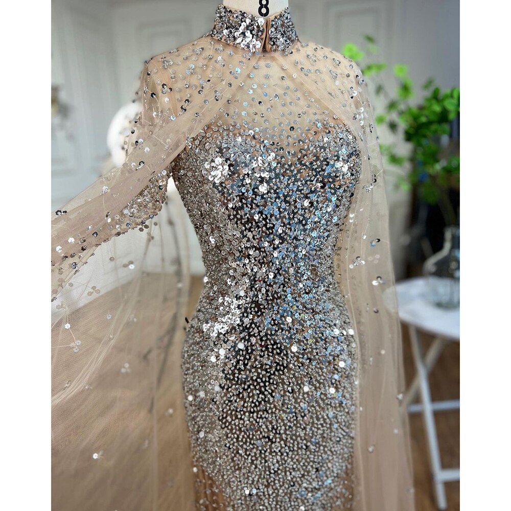 Serene Hill Muslim Gold Mermaid Elegant Cape Sleeves Beaded Luxury Dubai Long Evening Dresses Gowns 2025 For Women - Perfect for Weddings, Galas, and Formal Parties