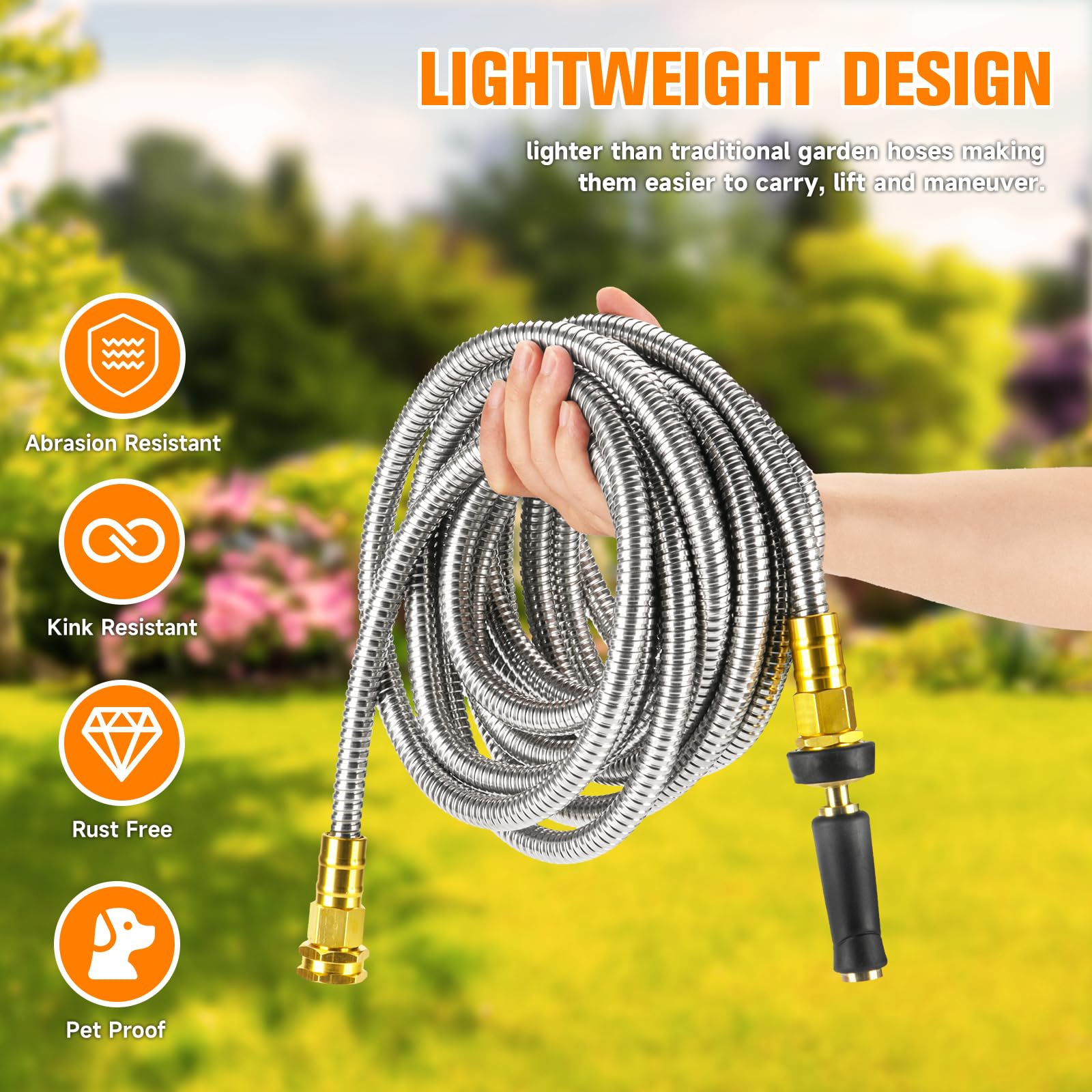 100 FT Expandable Garden Hose - Heavy Duty 304 Stainless Steel Water Hose, Kink-Free & Flexible - Perfect for Lawn Care, Car Washing & Outdoor Watering