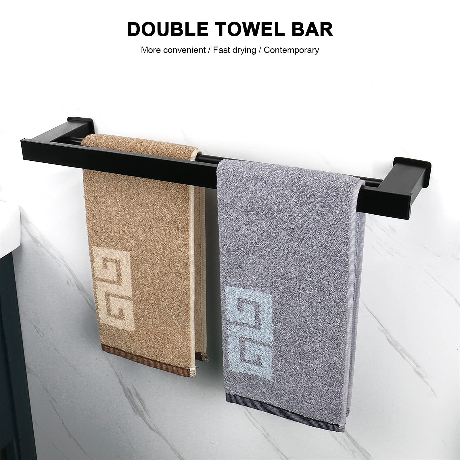 NearMoon 16 Inch Matte Black Double Bath Towel Bar - Premium Thickened Space Aluminum Square Shower Towel Rack for Bathroom & Kitchen - Wall Mounted Towel Holder (Perfect for Small Spaces, Modern Homes & Spa-Style Bathrooms)
