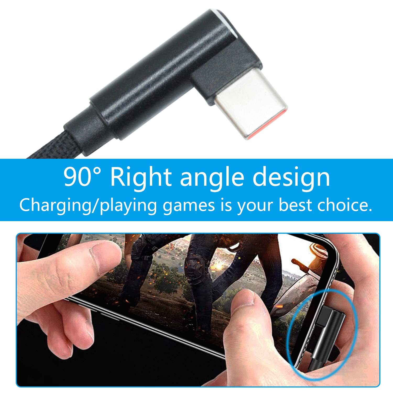 90 Degree Right Angle USB A to USB C Cable 3.3ft, 66W 6A Fast Charging & Data Sync Braided Nylon Cable for Samsung Galaxy, Huawei, iPhone 15, iPad Pro - Perfect for Gaming, Car Charging & Bedside Use