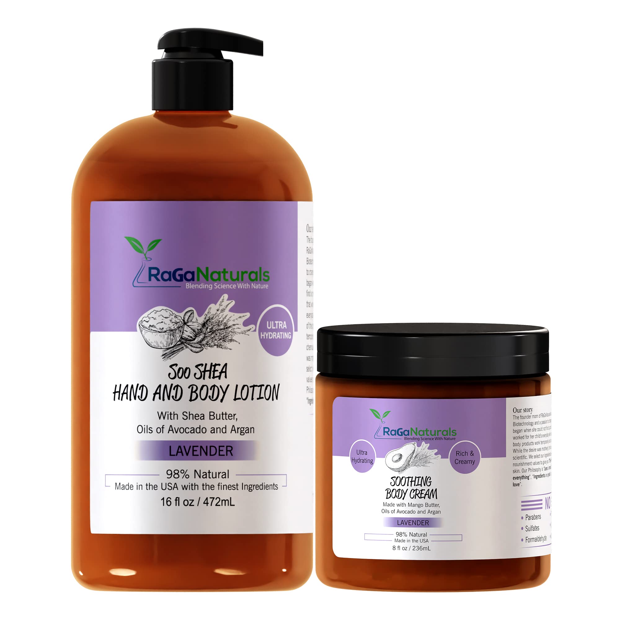 RaGaNaturals Lavender Body Lotion 16oz & Body Cream 8oz - Ultra Hydrating Moisturizer for Dry Skin - Women, Men, Babies & Kids - Perfect for Daily Use, After Shower & Nighttime Skincare Routine