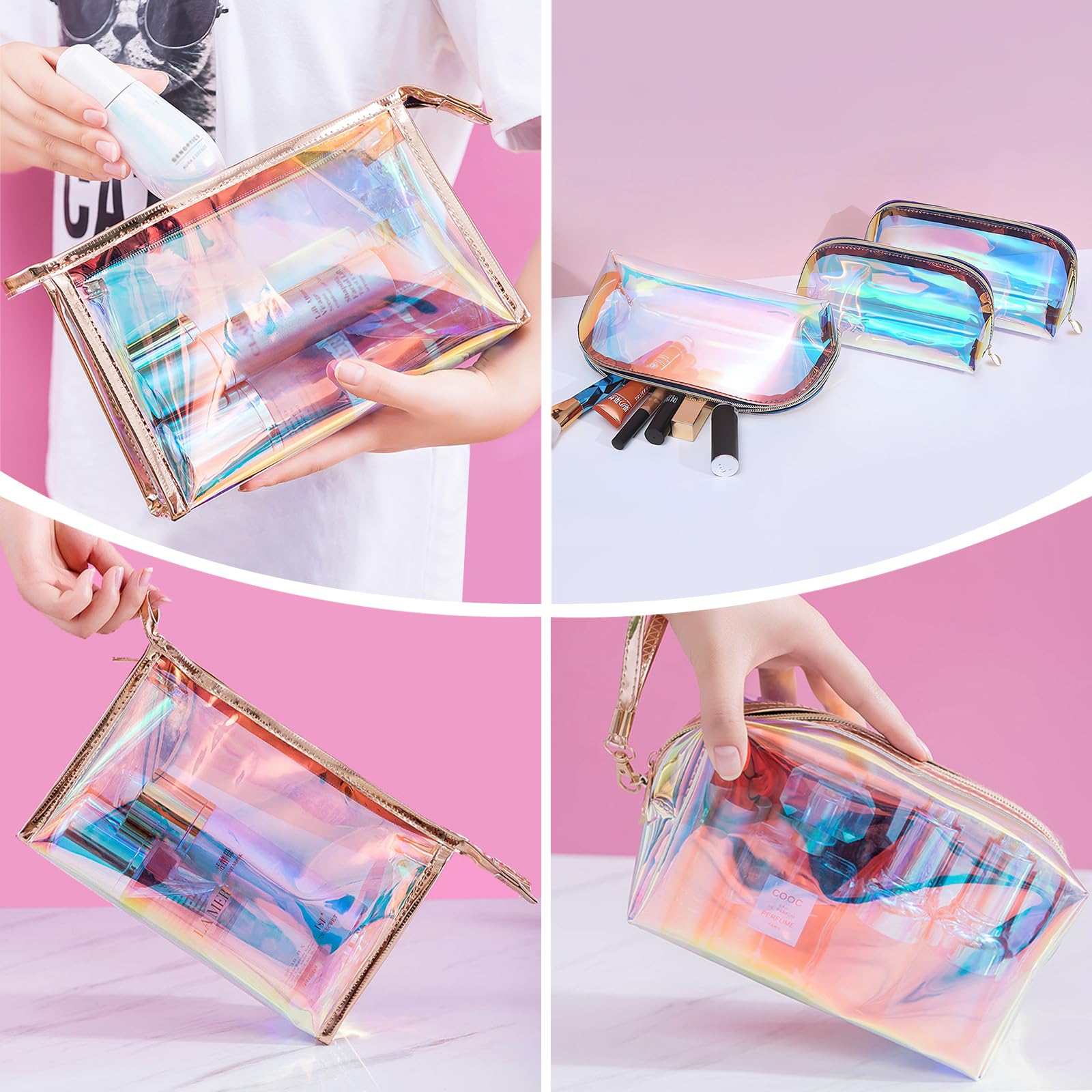 6 Pcs Holographic Makeup Bags Set - Clear Iridescent Cosmetic Organizer, Waterproof Travel Toiletry Bag with Zipper, Portable Cosmetic Pouch for Women | Perfect for Travel, Gym, Daily Use & Mothers Day Gifts