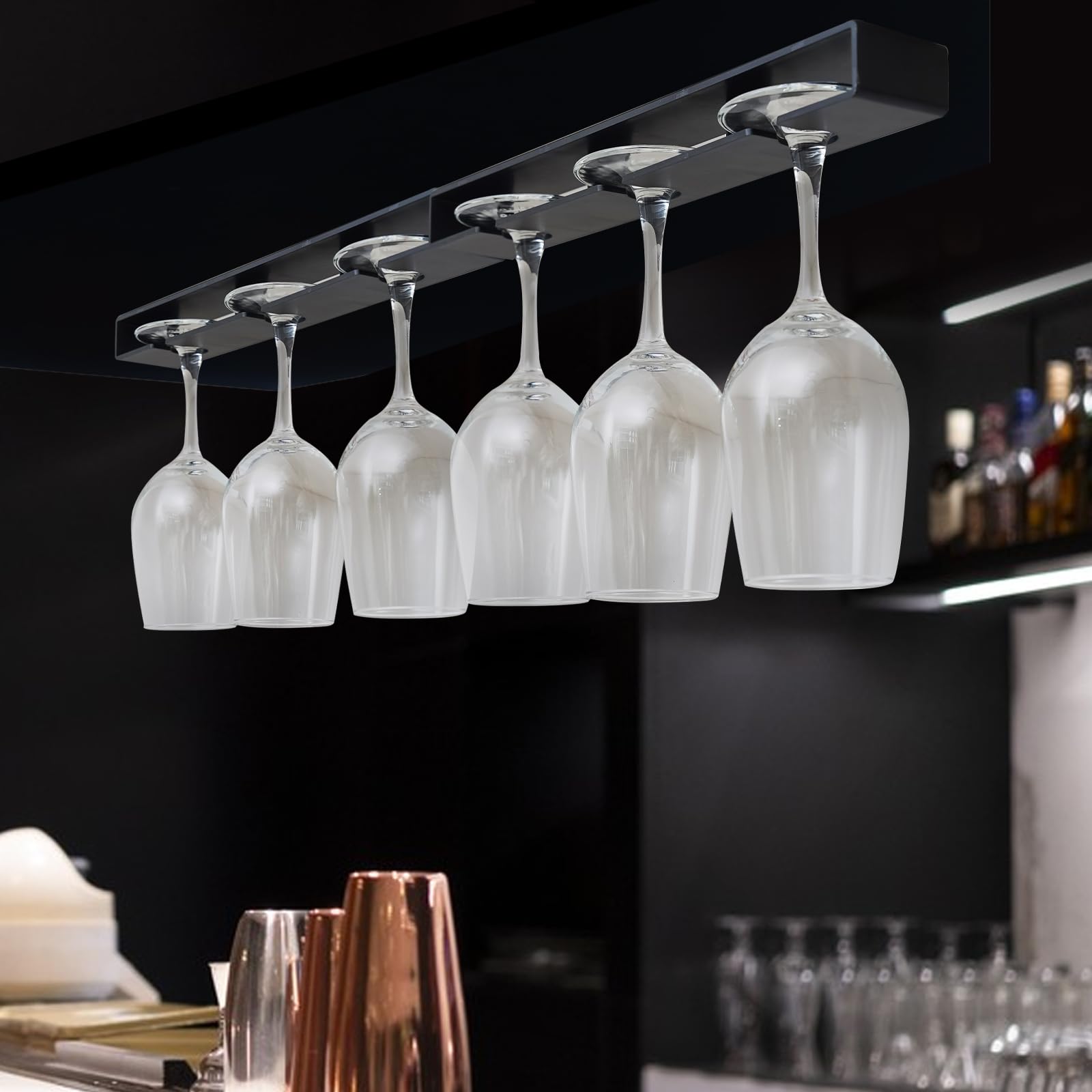 2 Pack No Drill Wine Glass Holder - Hanging Stemware Rack Organizer for Bar, Cabinet & Kitchen (Black) | Perfect for Home Bars, Wine Cellars & Small Space Storage
