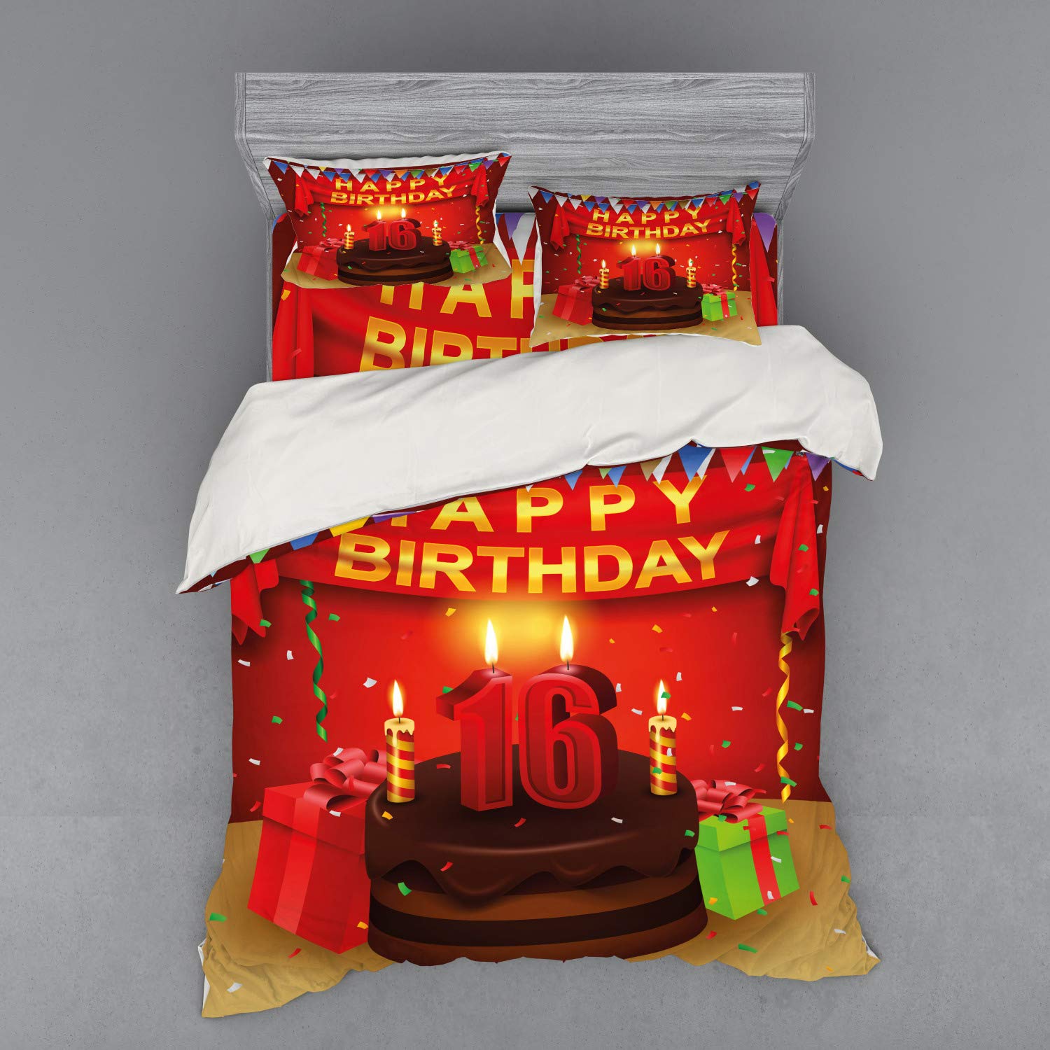Ambesonne 16th Birthday Bedding Set - 4 Piece Duvet Cover Set with Shams & Fitted Sheet, Queen Size, Multicolor Flag Ribbon & Chocolate Cake Candles Print - Perfect for Sweet 16 Party Decorations & Teen Bedroom Makeovers