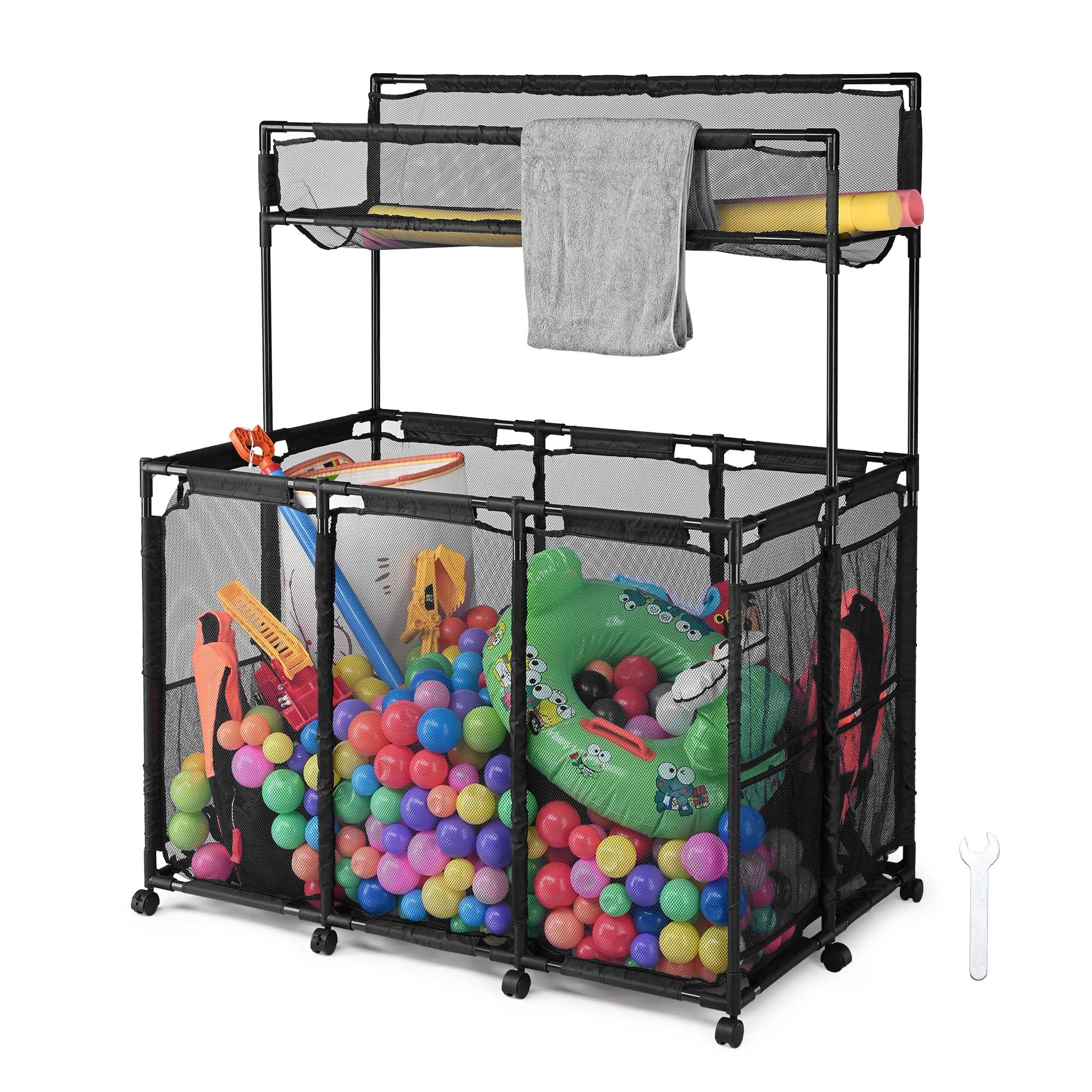 Yescom Heavy-Duty 10-Wheel Rolling Mesh Pool Storage Bin - XXL Double Decker with Noodle Holder, Pool Float Organizer - Upgraded Sturdy Connectors, 49