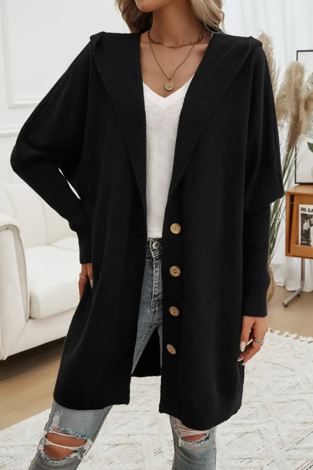 Women's Button Up Long Sleeve Hooded Cardigan Sweater - Cozy Fall & Winter Layering Piece for Casual Outfits and Office Wear