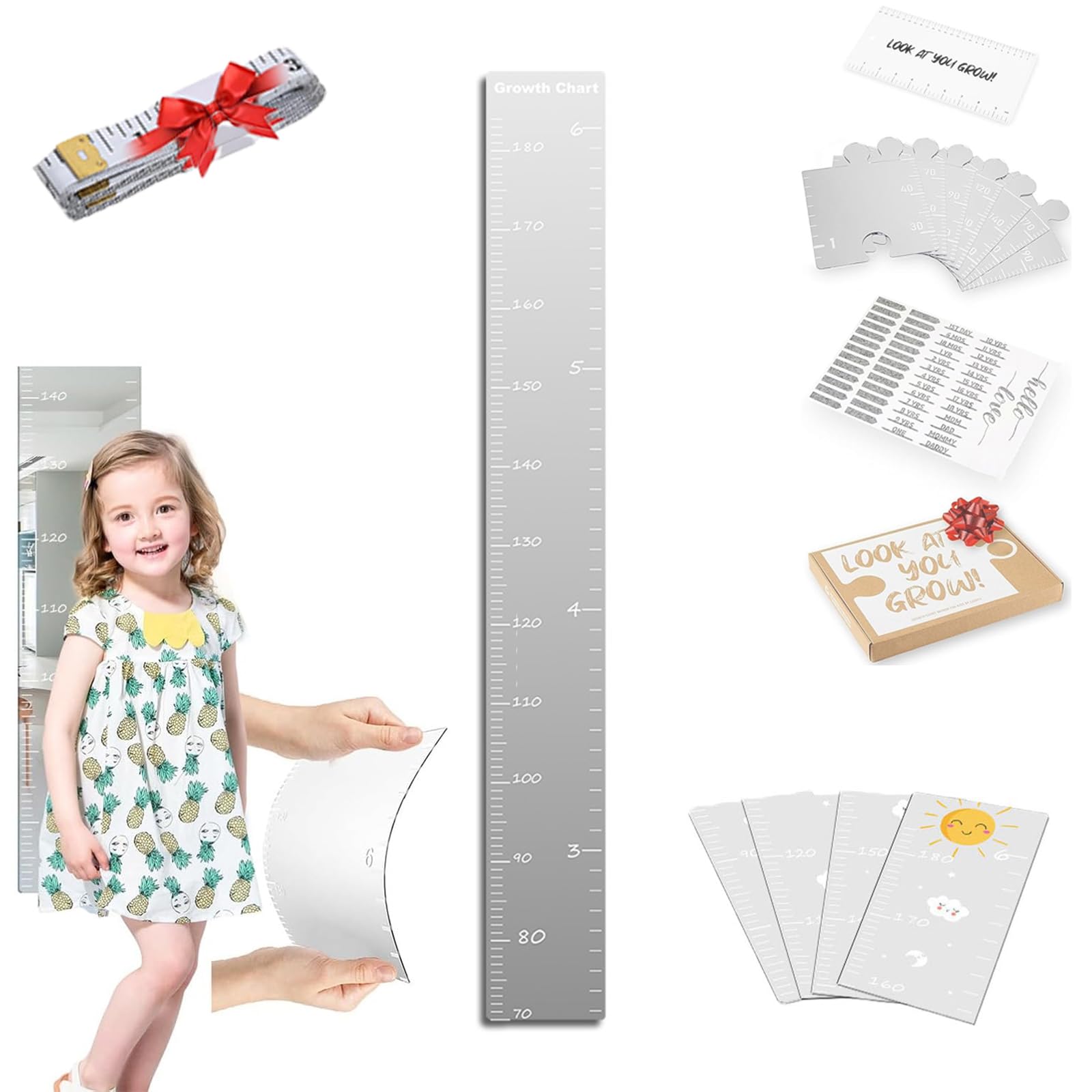 Foldable Acrylic Growth Chart Mirror for Kids - Wall Mounted Height Measurement Tool for Nursery, Bedroom & Playroom - Perfect for Tracking Children's Growth & Room Decor