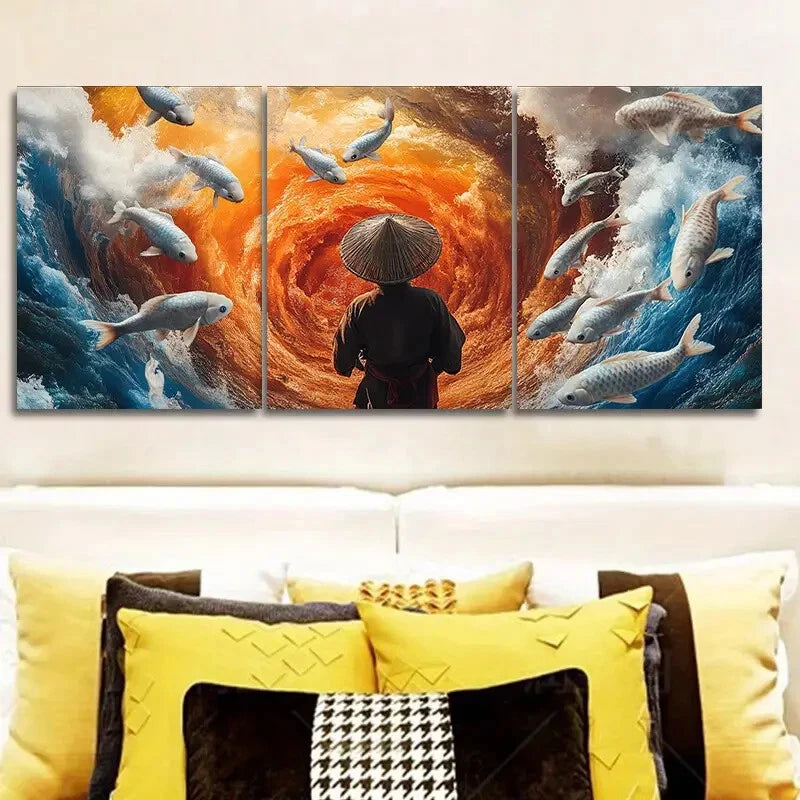 3pcs Fisherman & Koi Fish Wall Art Canvas Set - Framed 40x60cm High Quality Print - 100% Australian Made - Ready to Hang - Perfect for Living Room, Bedroom & Office Decor