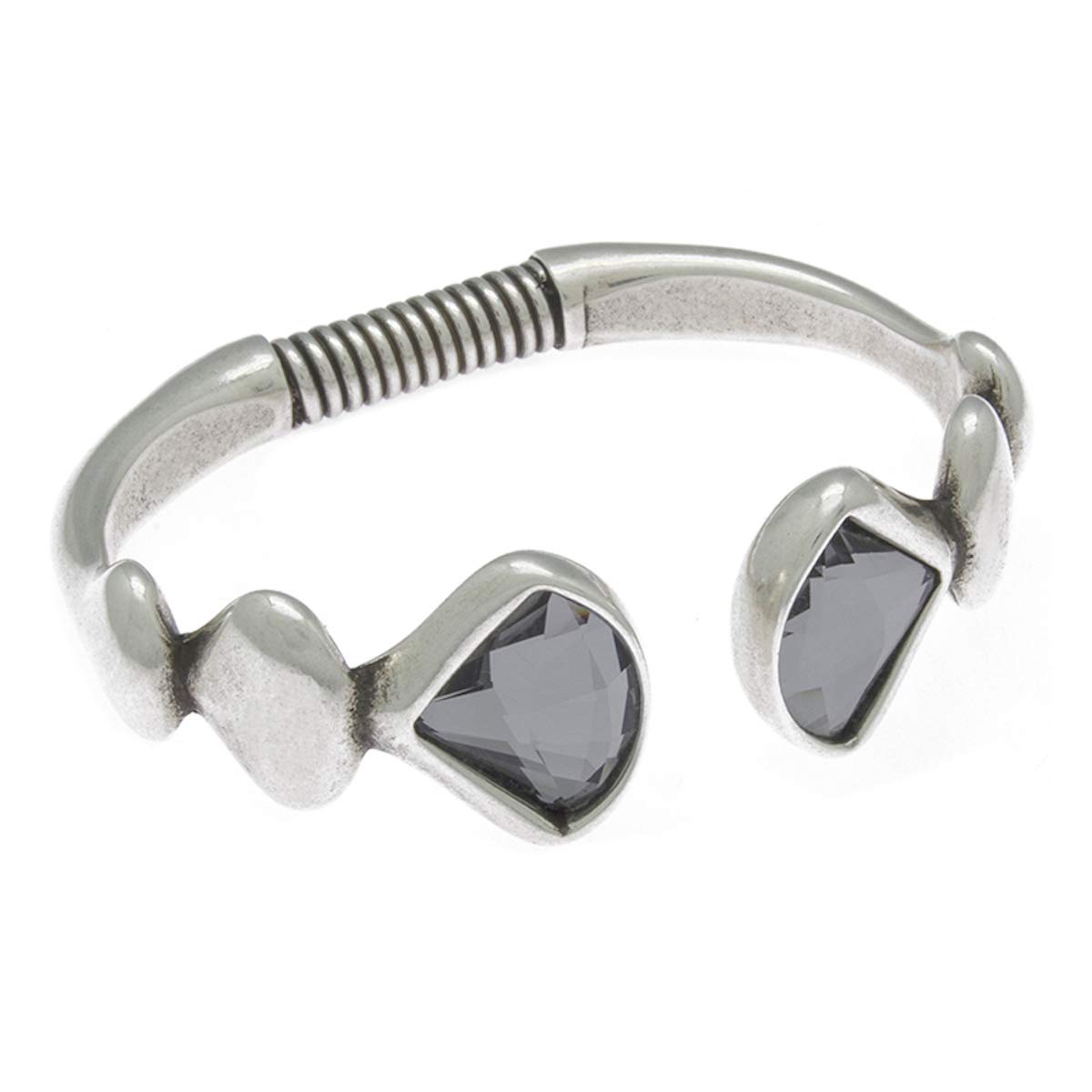 Emotion Collection Open Silver-Plated Spring Bangle Bracelet with Swarovski Crystals - Light Blue or Gray Adjustable Women's Jewelry Gift for Birthday, Anniversary & Special Occasions