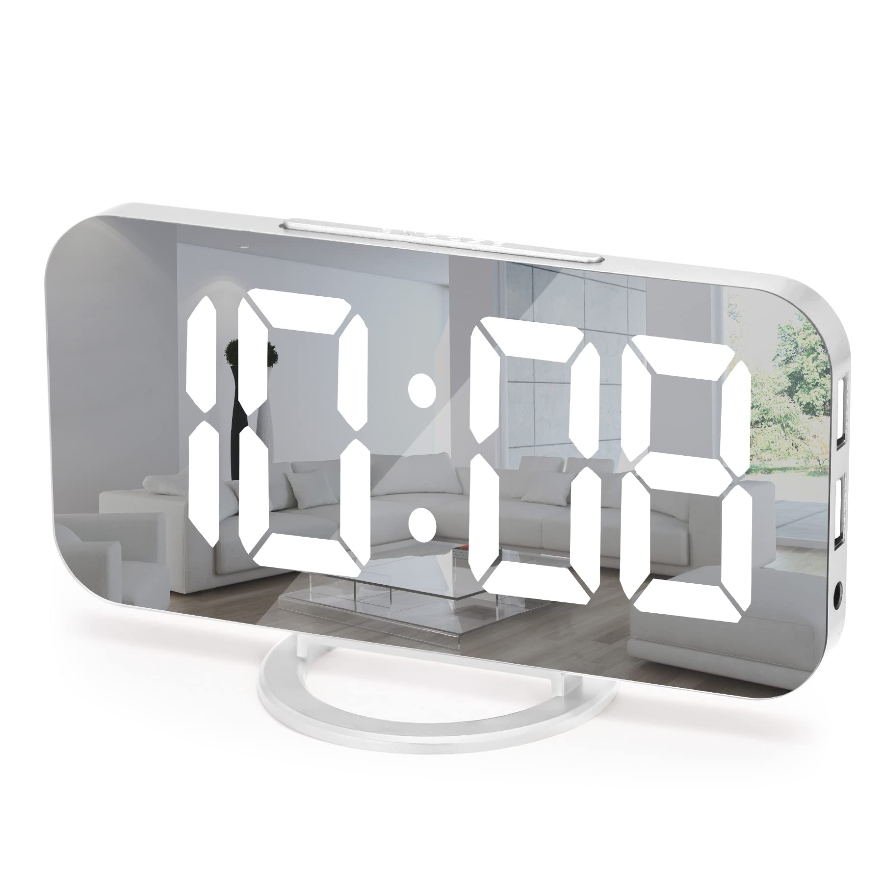 Digital Alarm Clock with LED Mirror Display - Dual USB Ports, 3-Level Brightness & Auto Dimming for Bedroom & Office | Night Mode, Easy Snooze, Modern White Decor | Perfect for Nightstands, Home Offices & Gift Giving