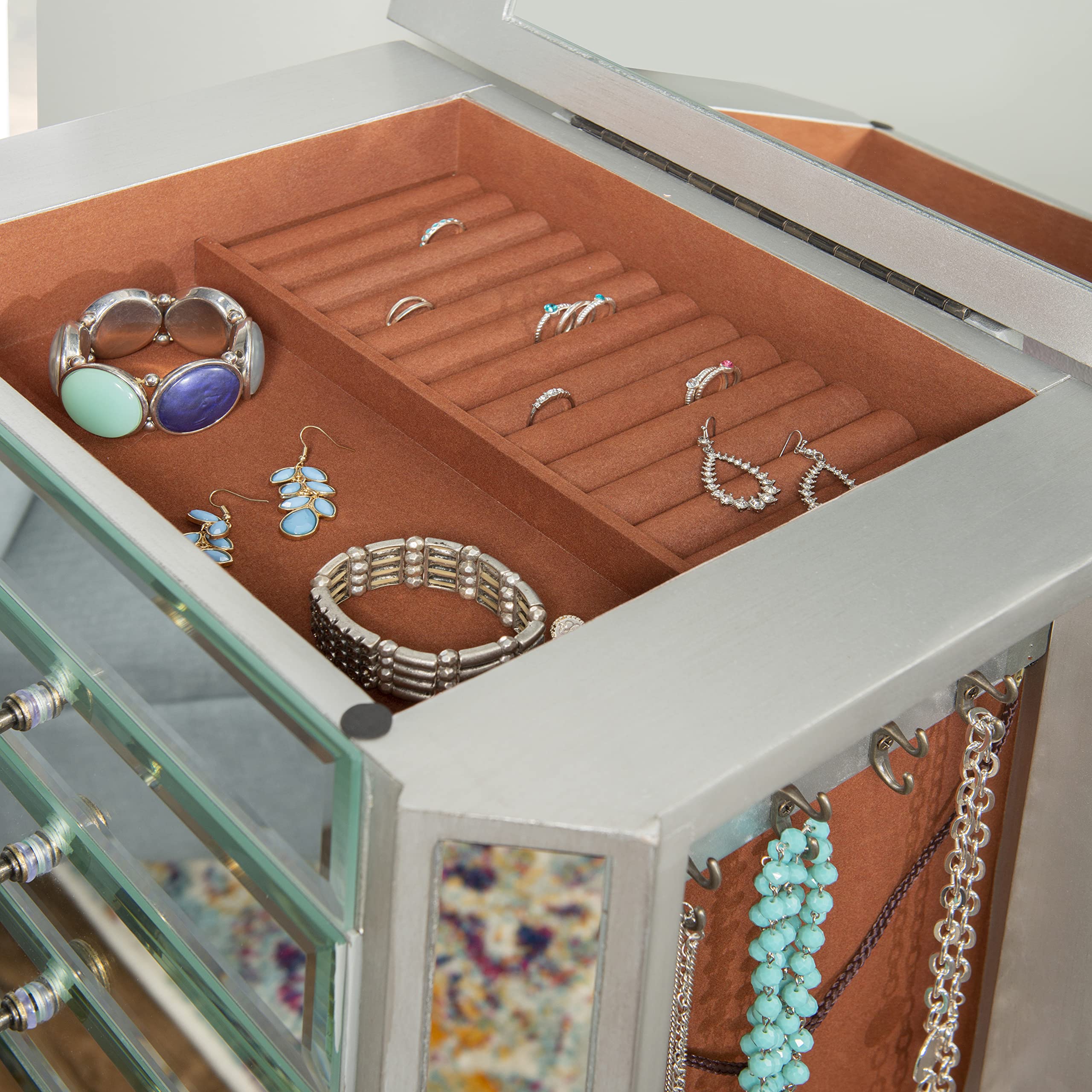 Powell Jewelry Armoire - Wooden Jewelry Cabinet with Silver Mirrored Doors for Bedroom & Closet Organization | Perfect for Necklace, Ring & Earring Storage