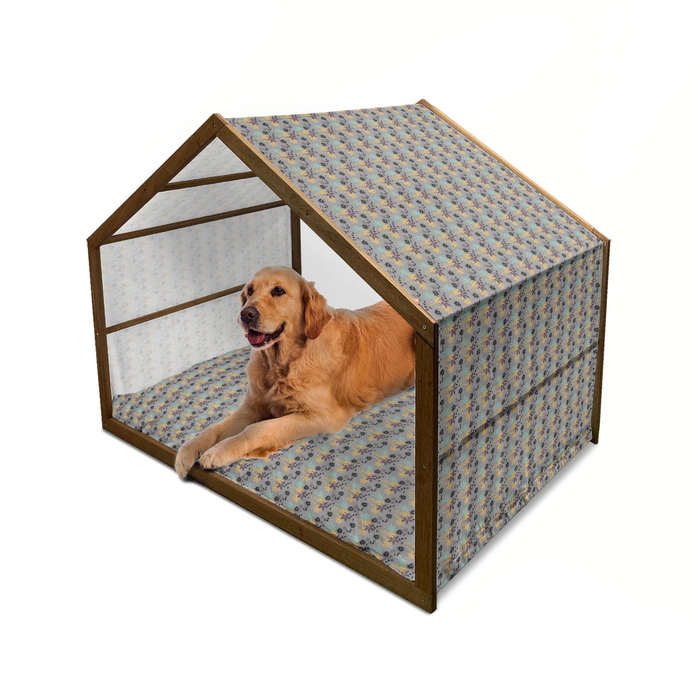 Ambesonne Floral Wooden Dog House - Large Indoor & Outdoor Pet Kennel with Pillow & Cover, Waterproof Design with Flower Petal & Autumn Leaves Print - Perfect for Backyard, Patio, or Travel Use (2X-Large, Multicolor)