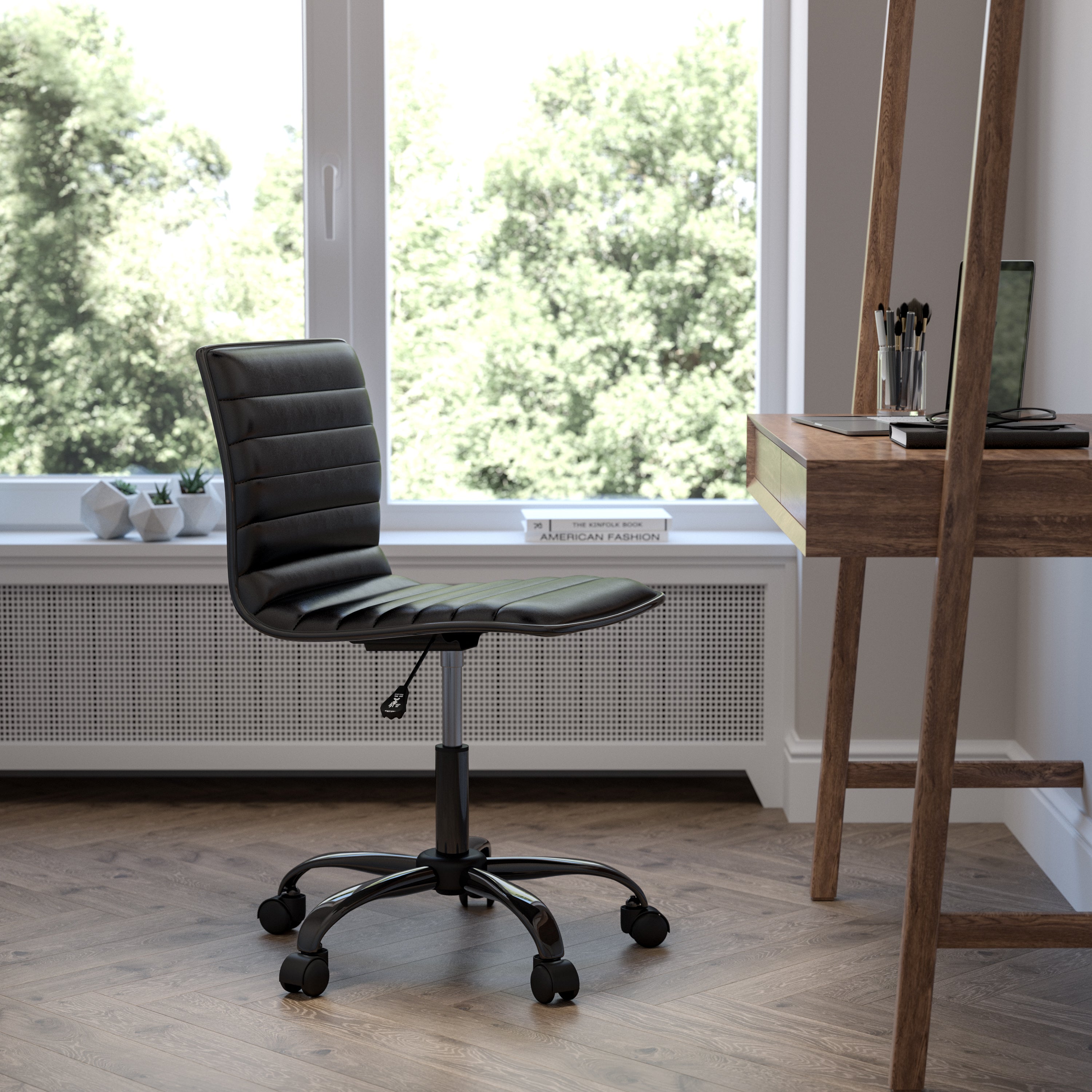 Ergonomic FLASH Alan Low Back Armless Swivel Office Chair - Black Ribbed Upholstery with Durable Black Frame & Base - Perfect for Home Office, Study, or Workspace