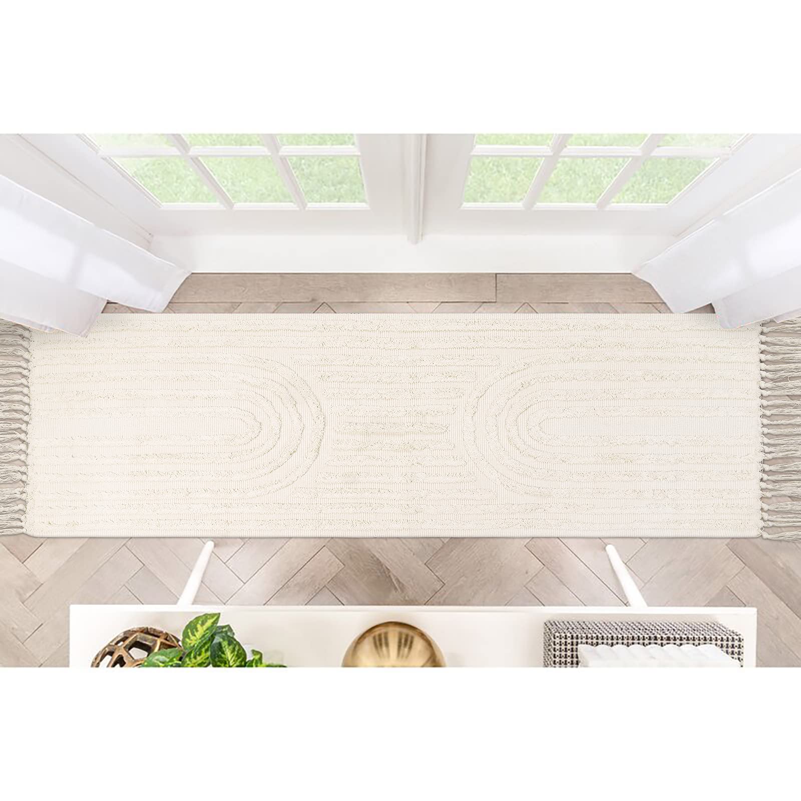Lanffia Boho Runner Rug 2x6 - Washable Beige Tufted Rainbow Rug with Tassels for Farmhouse & Modern Decor | Perfect for Bathroom, Kitchen, Hallway, Laundry, Bedroom & Living Room | Neutral Floor Carpet for Indoor Spaces