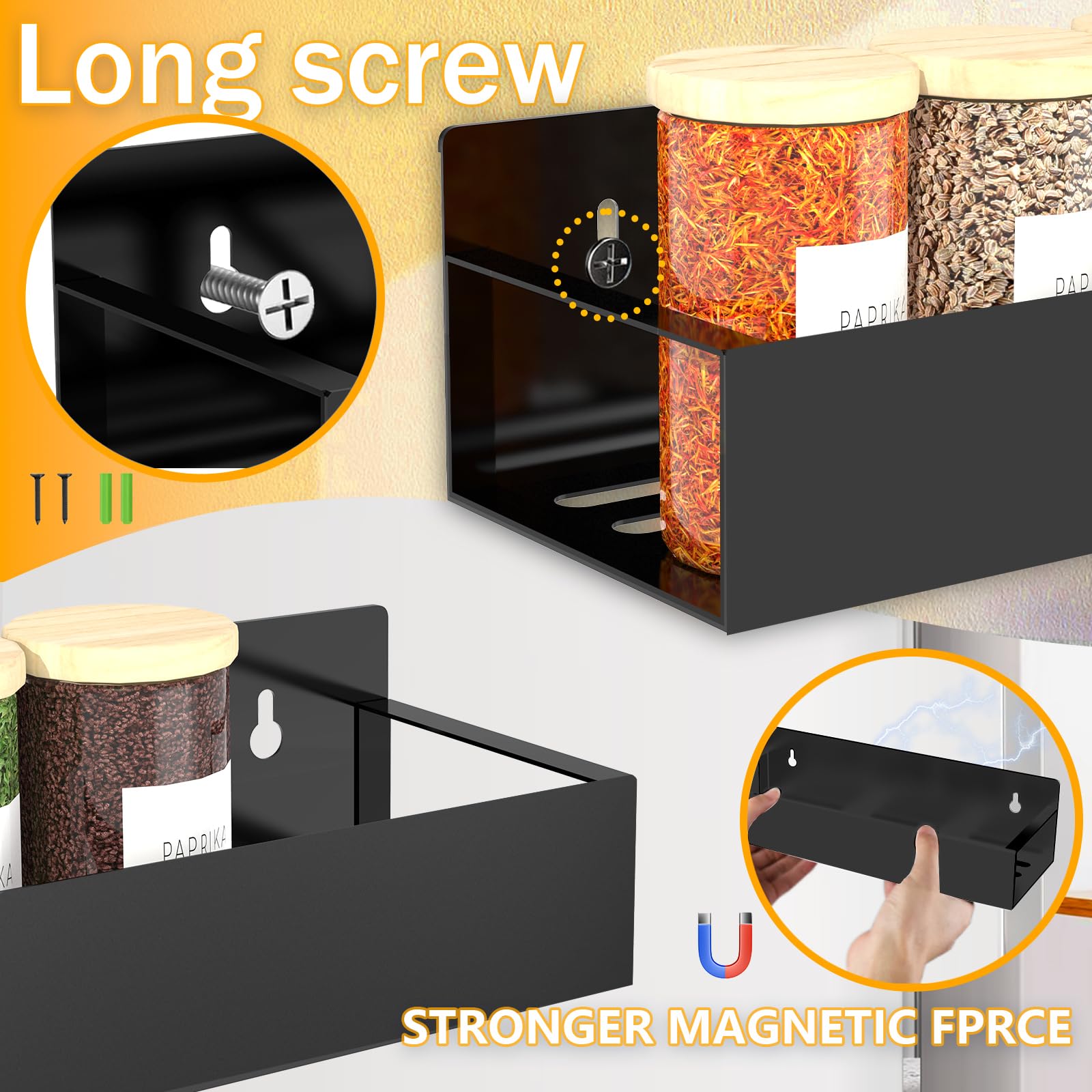 6-Pack Black Magnetic Spice Rack Organizer for Fridge & Kitchen - Screw or Adhesive Mounting, Space-Saving Storage for Seasonings & Utensils - Perfect for Refrigerator, Oven & Pantry Organization
