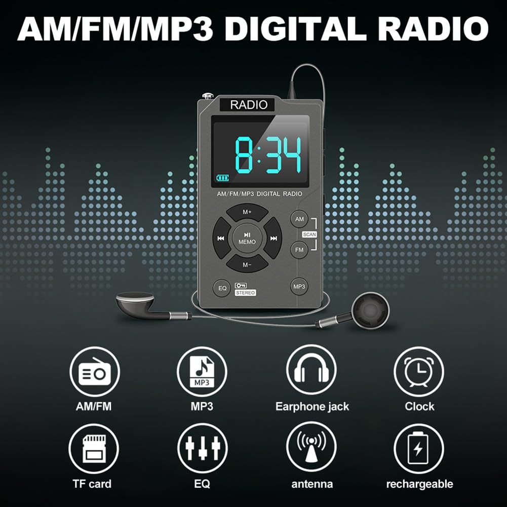 Portable Mini AM/FM Digital Radio with Auto-Search, MP3 Player, TF Card Slot - Compact Stereo Receiver for Home, Office, Travel & Outdoor Activities (Grey)