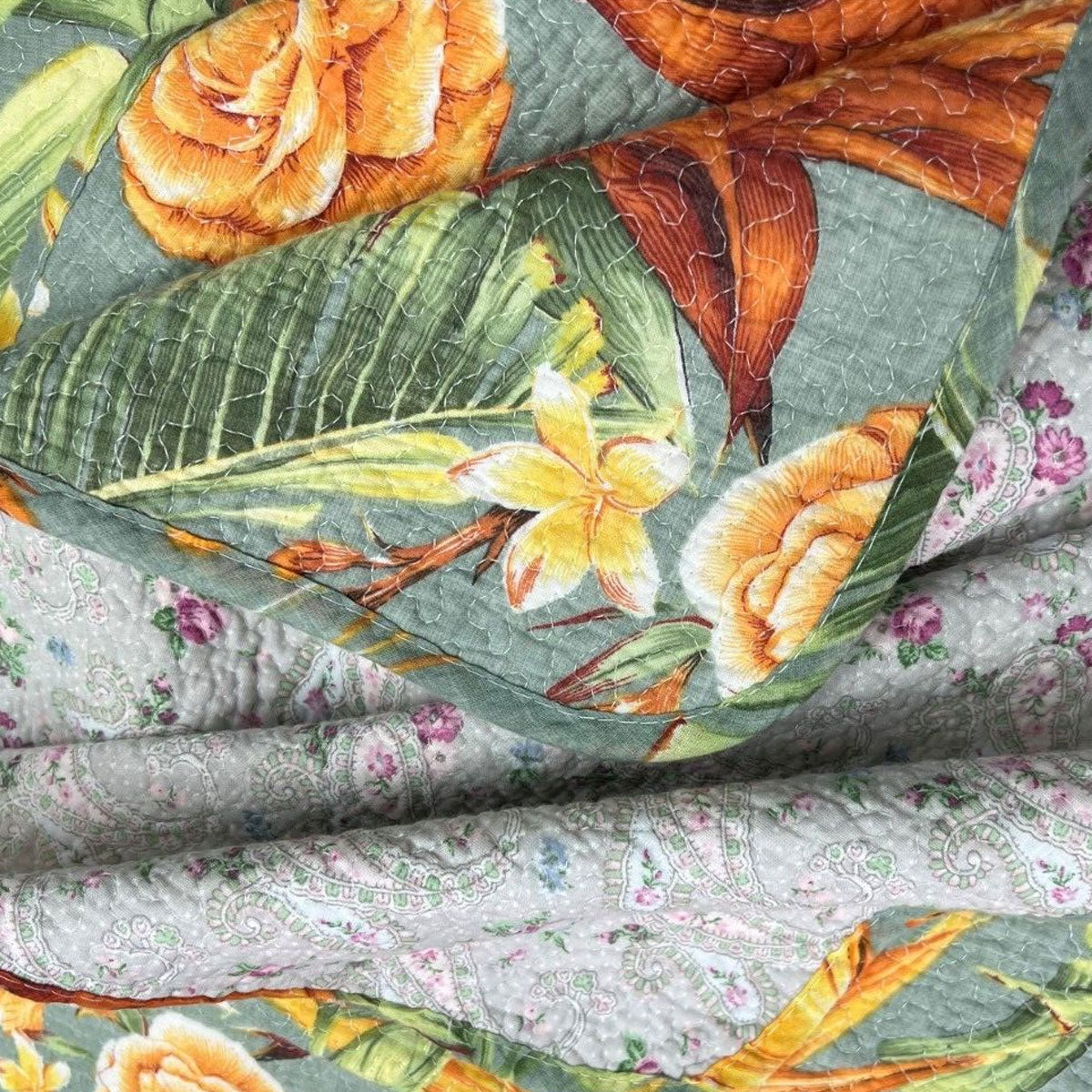 100% Cotton Lightly Quilted Coverlet Set - Birds of Paradise Design - Queen Size 90x102 Inches (230x250cm) - Soft Bedspread for Cozy Bedroom Decor, Guest Room & Dorm Essentials