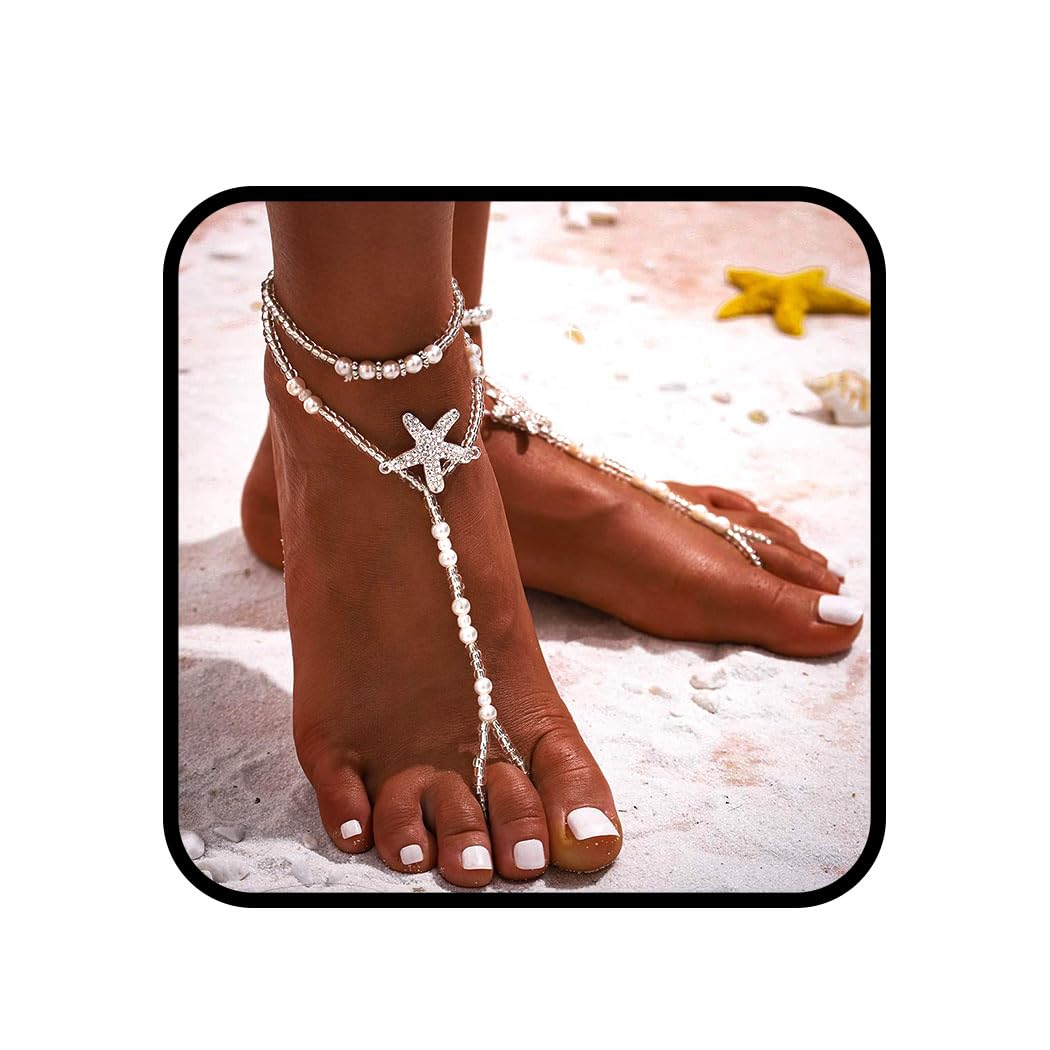 Beaded Pearl Barefoot Sandals & Starfish Ankle Bracelets - 2PCS Bohemian Layered Anklet Foot Chain Jewelry for Women | Perfect for Beach Weddings, Summer Vacations and Boho Fashion Accessories