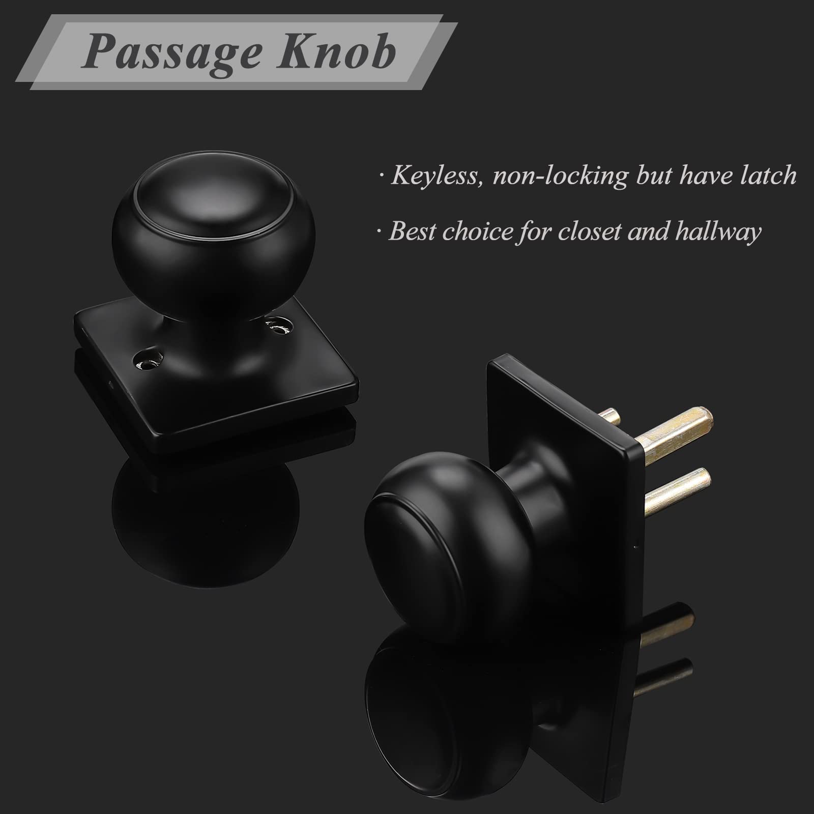 **Probrico 6-Pack Black Keyless Non-Locking Flat Ball Door Knobs - Square Rosette Interior Passage Knob for Hall, Closet & Bedroom Doors - Easy Installation & Smooth Operation**