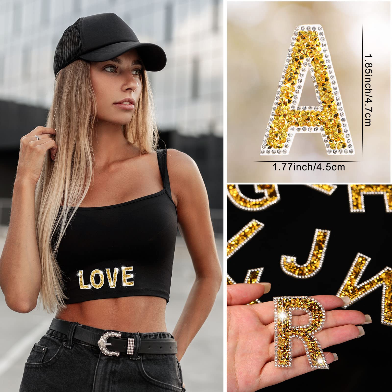 Glitter Resin Rhinestone Alphabet Letter Stickers - Self-Adhesive A-Z Iron On Letters for DIY Crafts, Clothing, Scrapbooking (Gold, 52 Pieces) | Perfect for Custom T-Shirts, Hats, Bags & Home Decor Projects