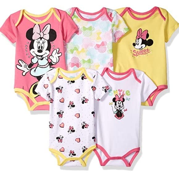 Disney Baby Minnie Mouse 5-Pack Bodysuits for Infants 3-6 Months | Soft Yellow & Pink Cotton Onesies for Playtime, Daycare & Family Outings