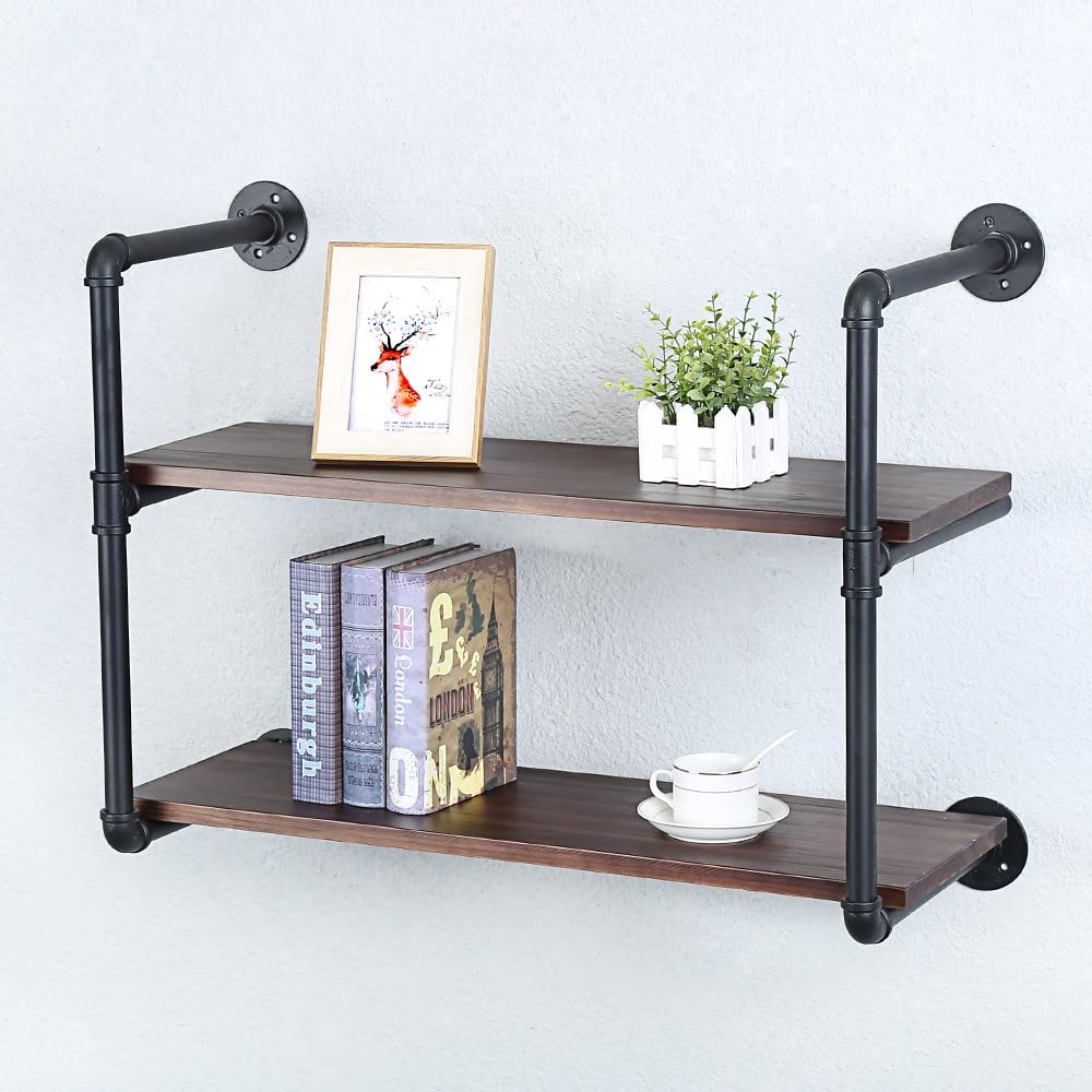 Industrial Pipe Shelving Wall Mounted - 30 Inch Rustic Metal Floating Shelves with Real Wood, Steampunk Style Bookshelves for Farmhouse & Kitchen Decor - 2 Tier Wall Shelf Unit for Books, Plants & Bar Storage