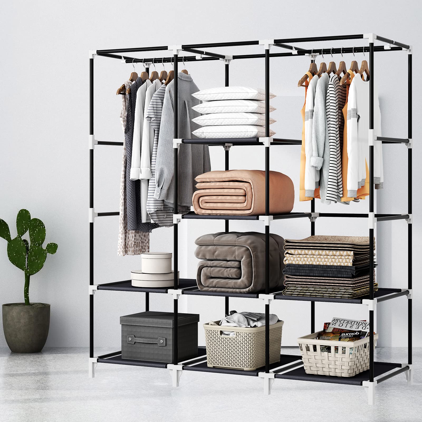 Portable Closet Organizer - 51 Inch Wardrobe with 2 Hanging Rods & 8 Storage Shelves for Bedroom - Durable Easy Assembly Clothes Rack for Small Spaces, Apartments, Dorms - Black (Ideal for Seasonal Storage & Guest Room Organization)