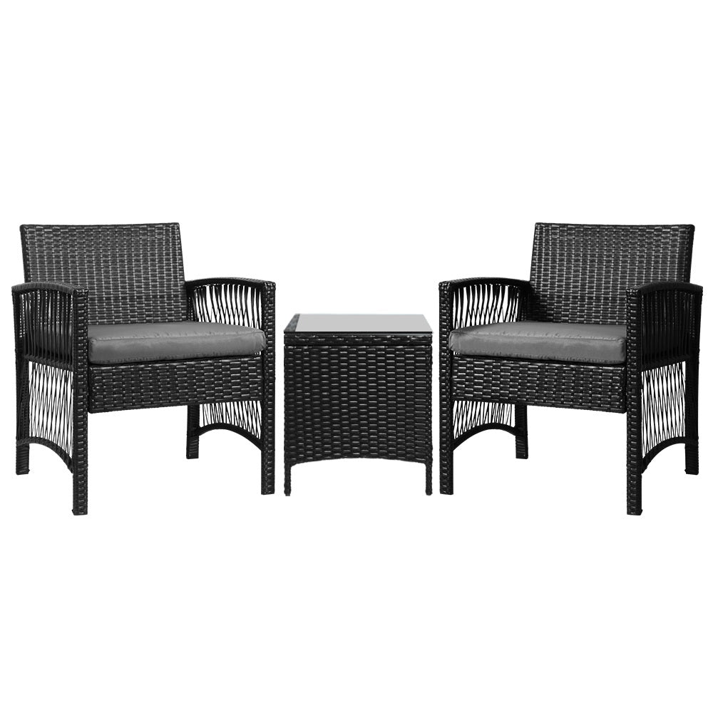 3-Piece Outdoor Bistro Set - Patio Furniture with Wicker Dining Chairs & Table - Black Cushion Included - Perfect for Garden, Balcony, and Backyard Relaxation