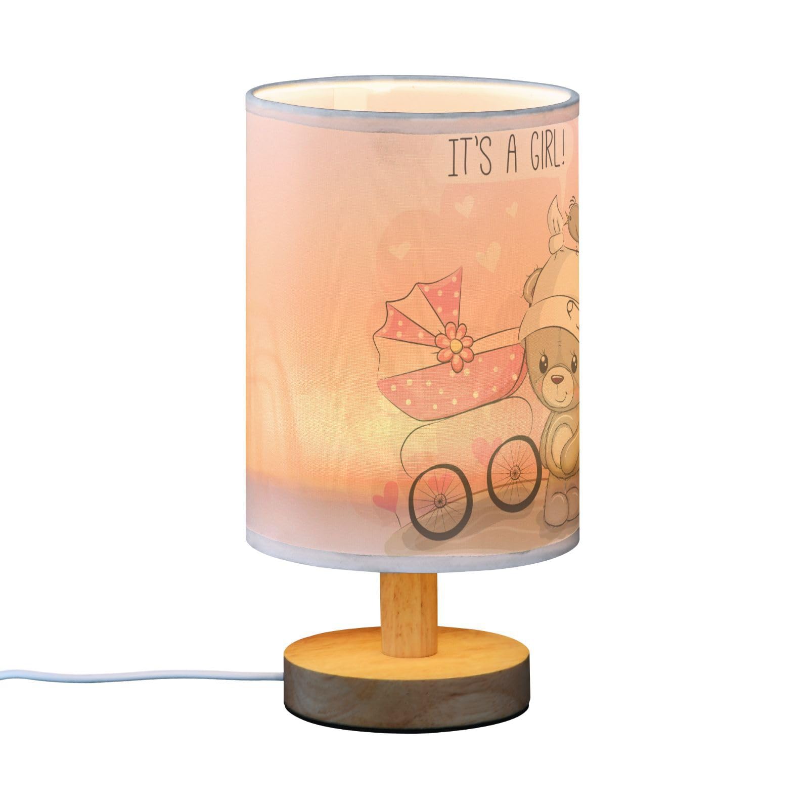 Teddy Bear Table Lamp with Pink Baby Carriage & Heart Quote - Wood Base Fabric Shade Nightstand Lamp for Girls | Perfect for Bedroom, Nursery, Kids Room & Office Decor (It's A Girl Theme)