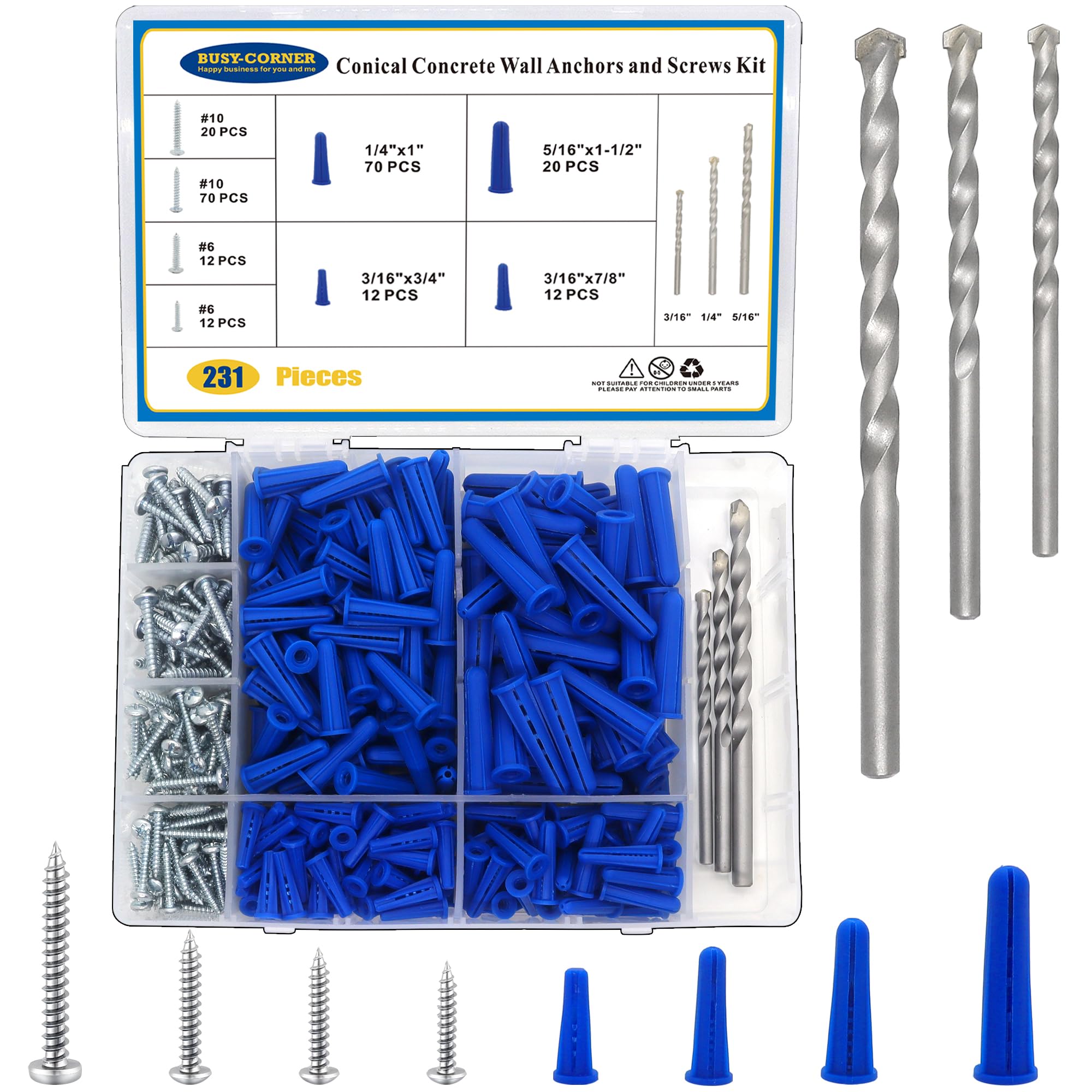 228 Pcs Concrete Wall Anchors Kit with Screws & Drill Bits - Heavy Duty Masonry Anchors for Brick Walls - Includes 114 Self Tapping Screws & 3 Drill Bits (Blue) - Perfect for Hanging Shelves, TVs & Home Decor