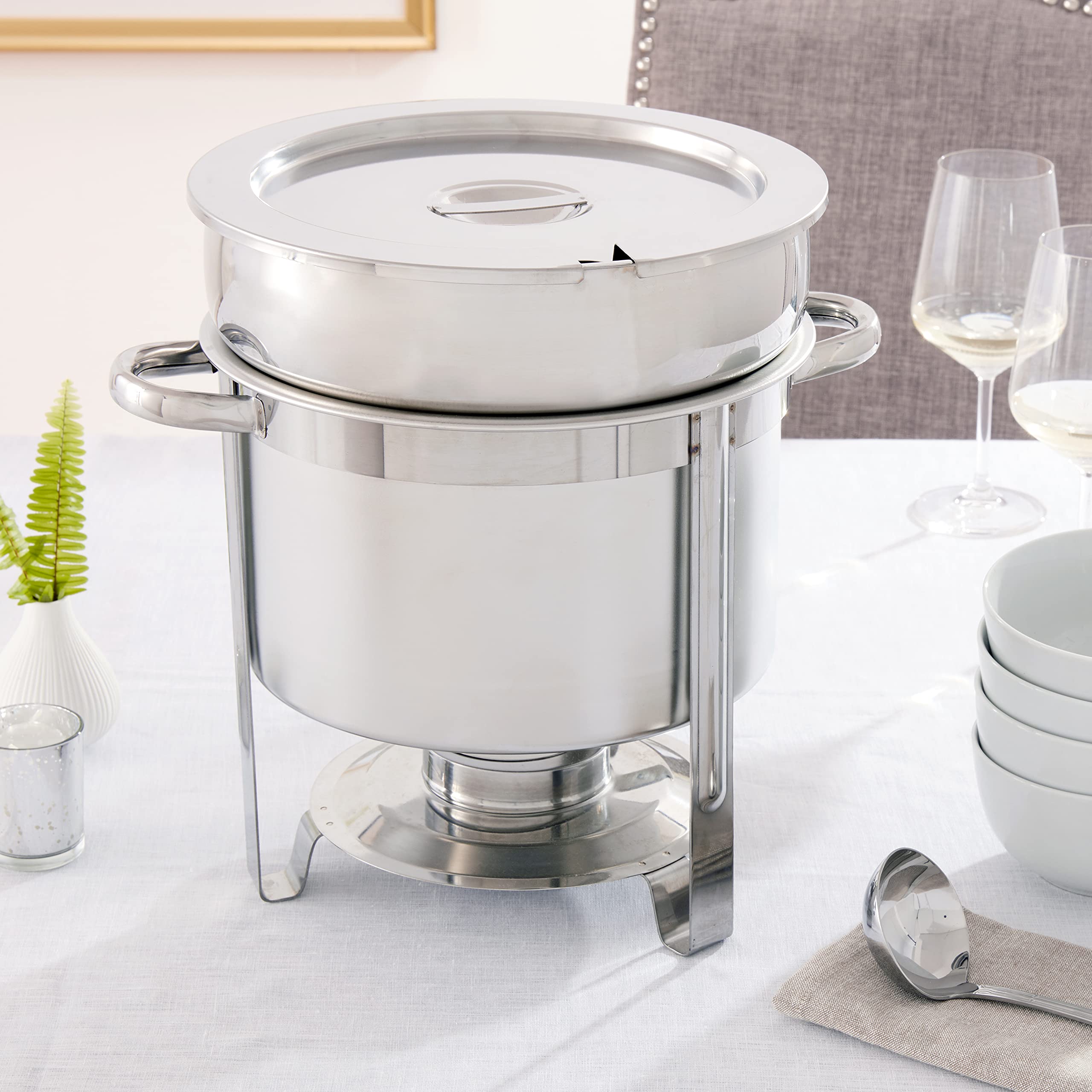 Winco 211 11-Quart Round Stainless Steel Marmite Soup Chafer with Cover & Frame | Commercial Buffet Catering & Food Warming Solution